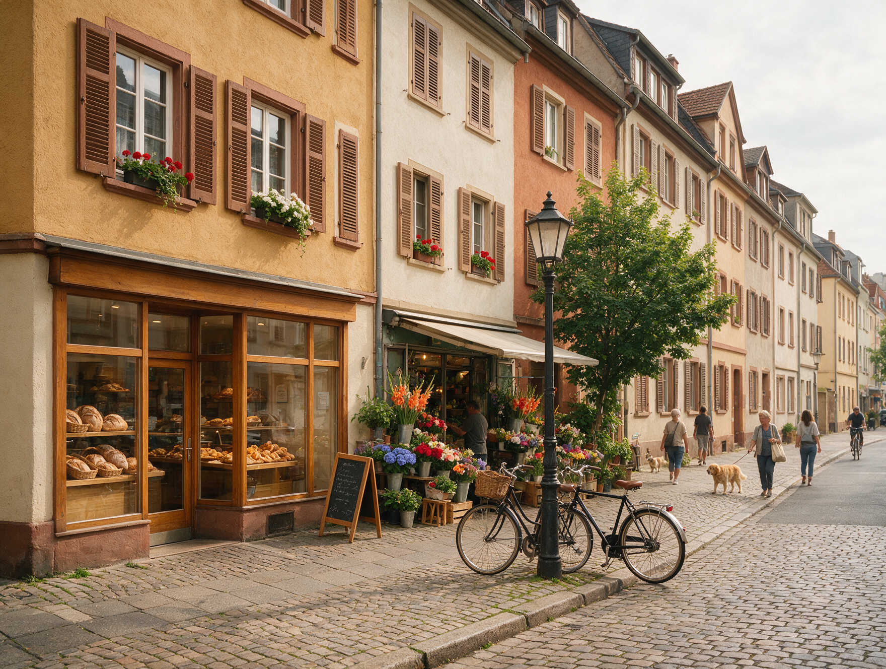 Quiet everyday street scene on Berger Strasse in the Bornheim neighborhood of Frankfurt with independent shops