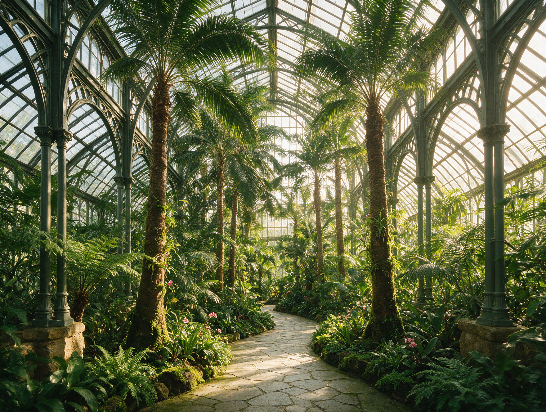 Interior of the Palmengarten botanical garden greenhouse in Frankfurt with tall glass palm house and tropical plants