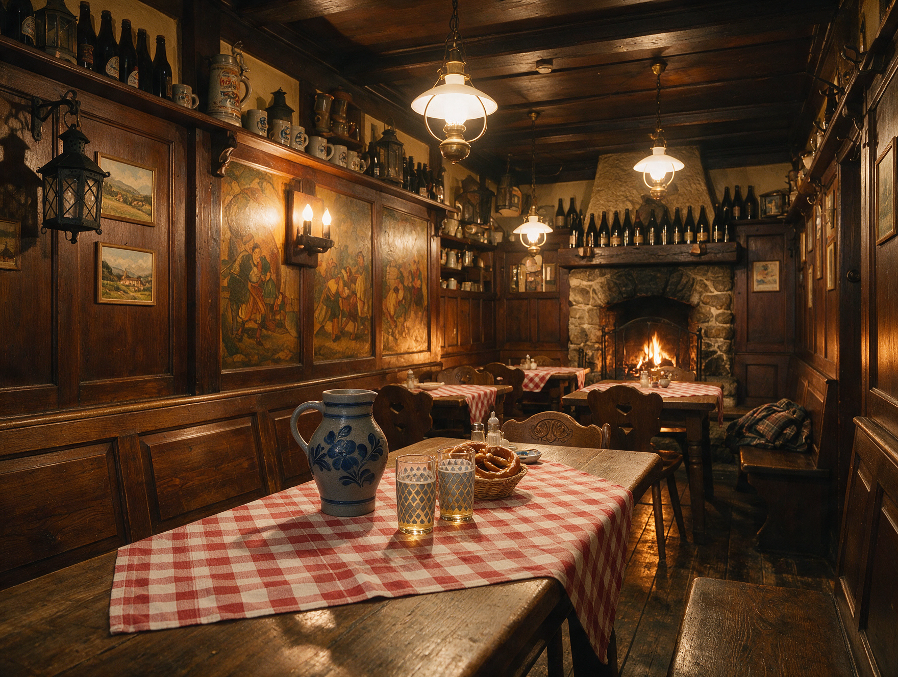 Traditional wood-paneled Apfelwein tavern interior in Sachsenhausen Frankfurt with a Bembel jug and Geripptes glasses on the table