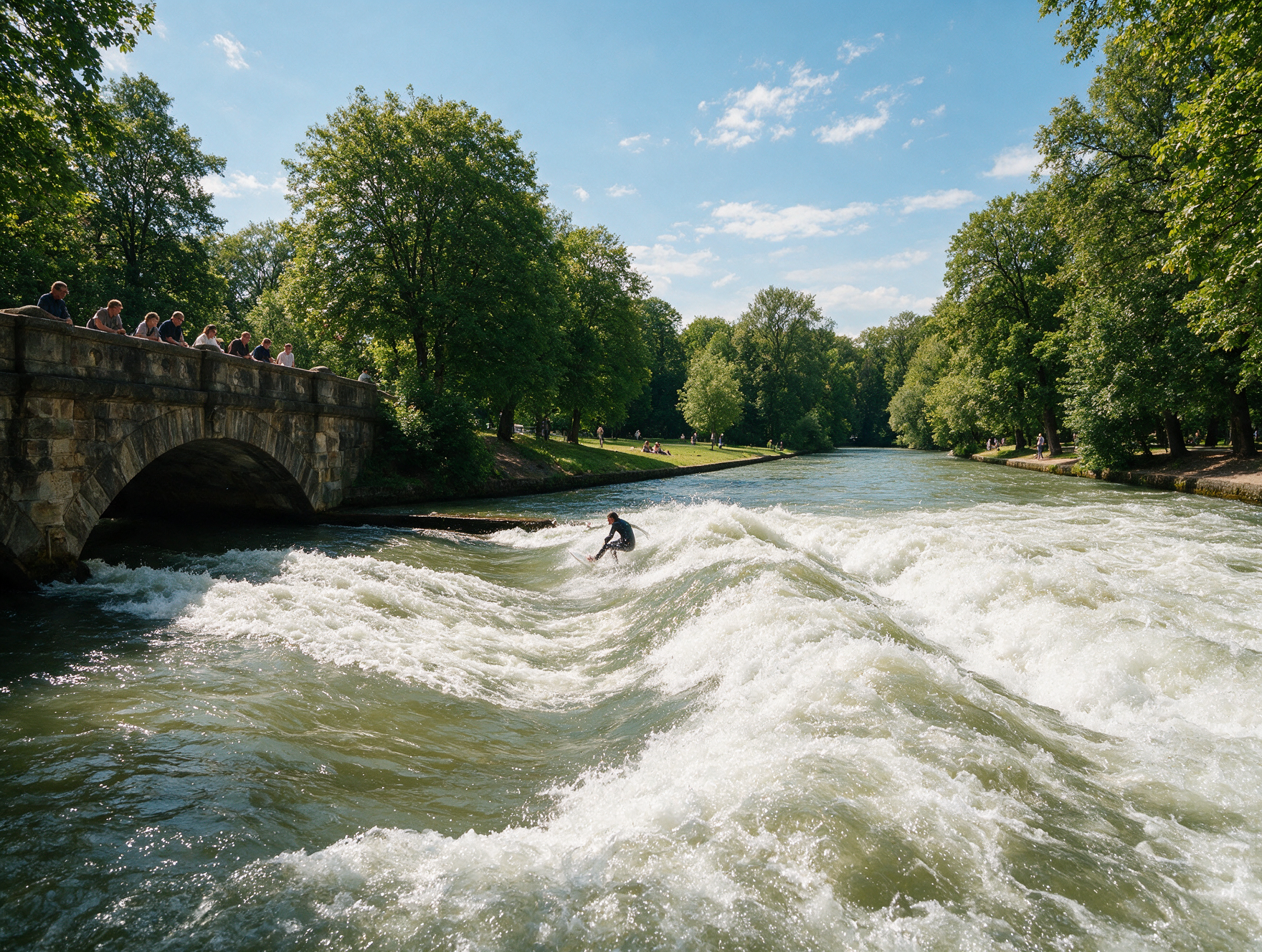 A river surfer riding the standing wave on the Eisbach in Munich's English Garden as onlookers watch from a bridge