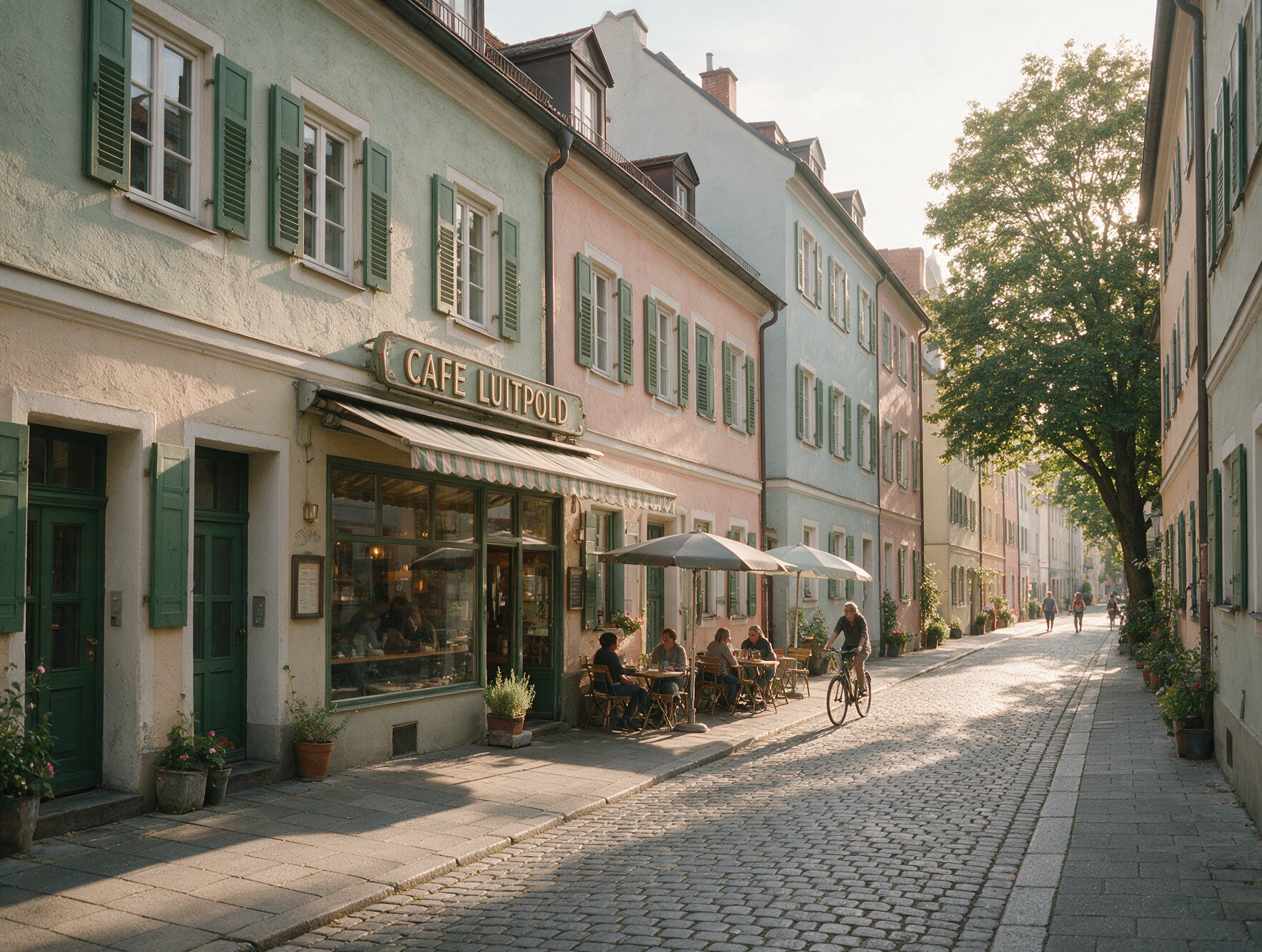 A quiet residential street in Munich's Glockenbachviertel neighborhood with pastel townhouses and a small cafe