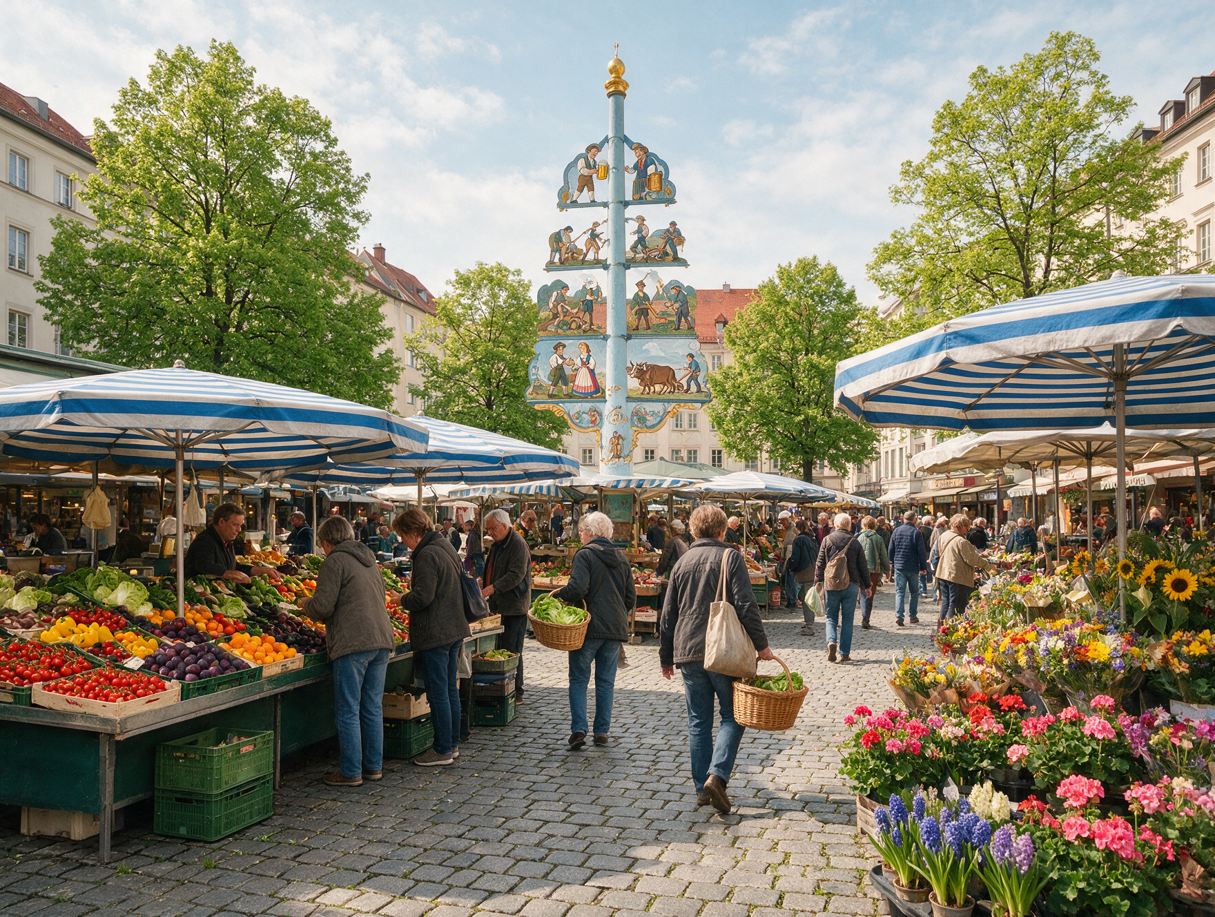 Colorful produce and flower stalls at Viktualienmarkt market in Munich with the painted maypole in the background