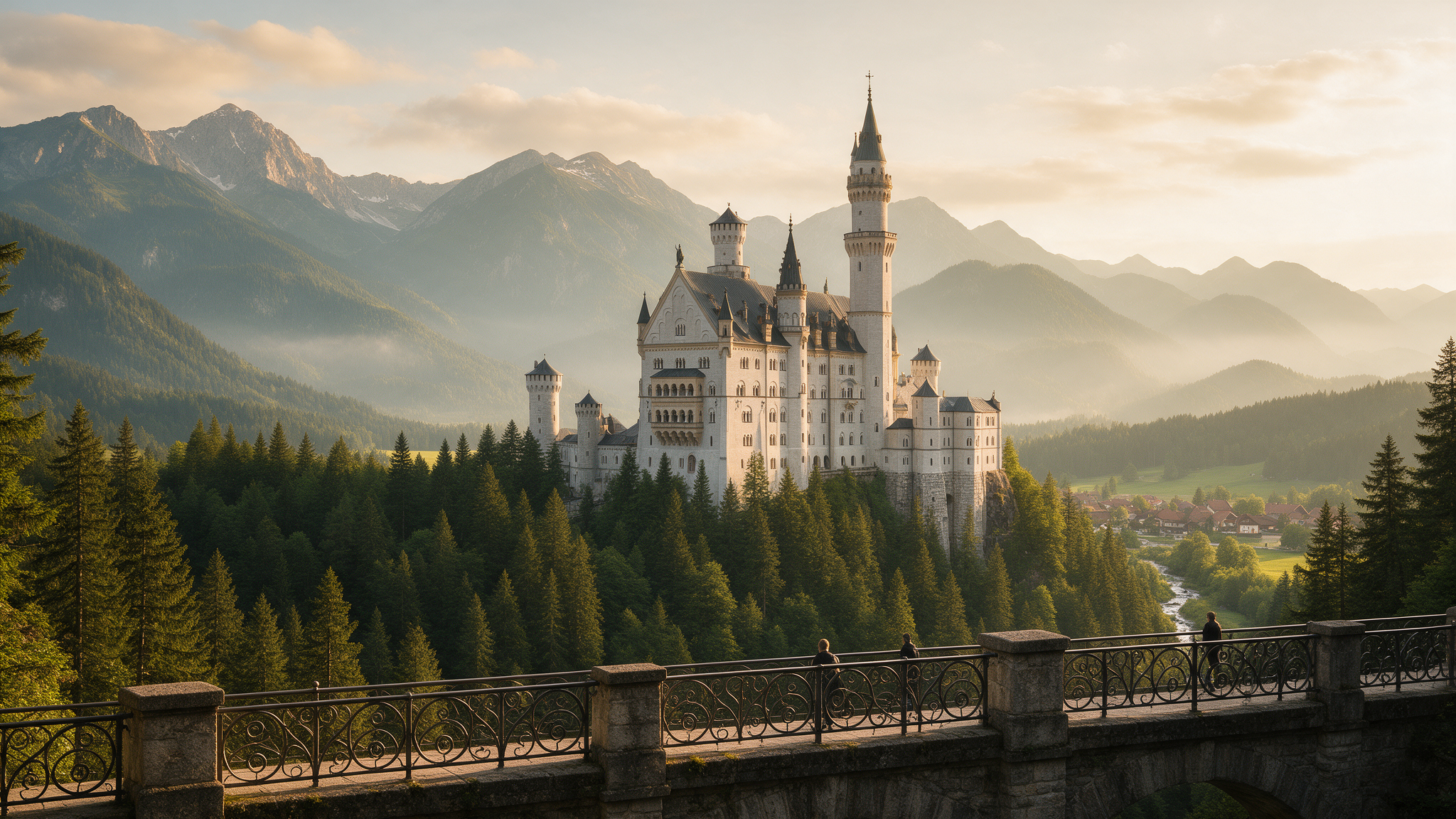 Neuschwanstein Castle viewed from the Marienbrücke bridge at golden hour with alpine forest below