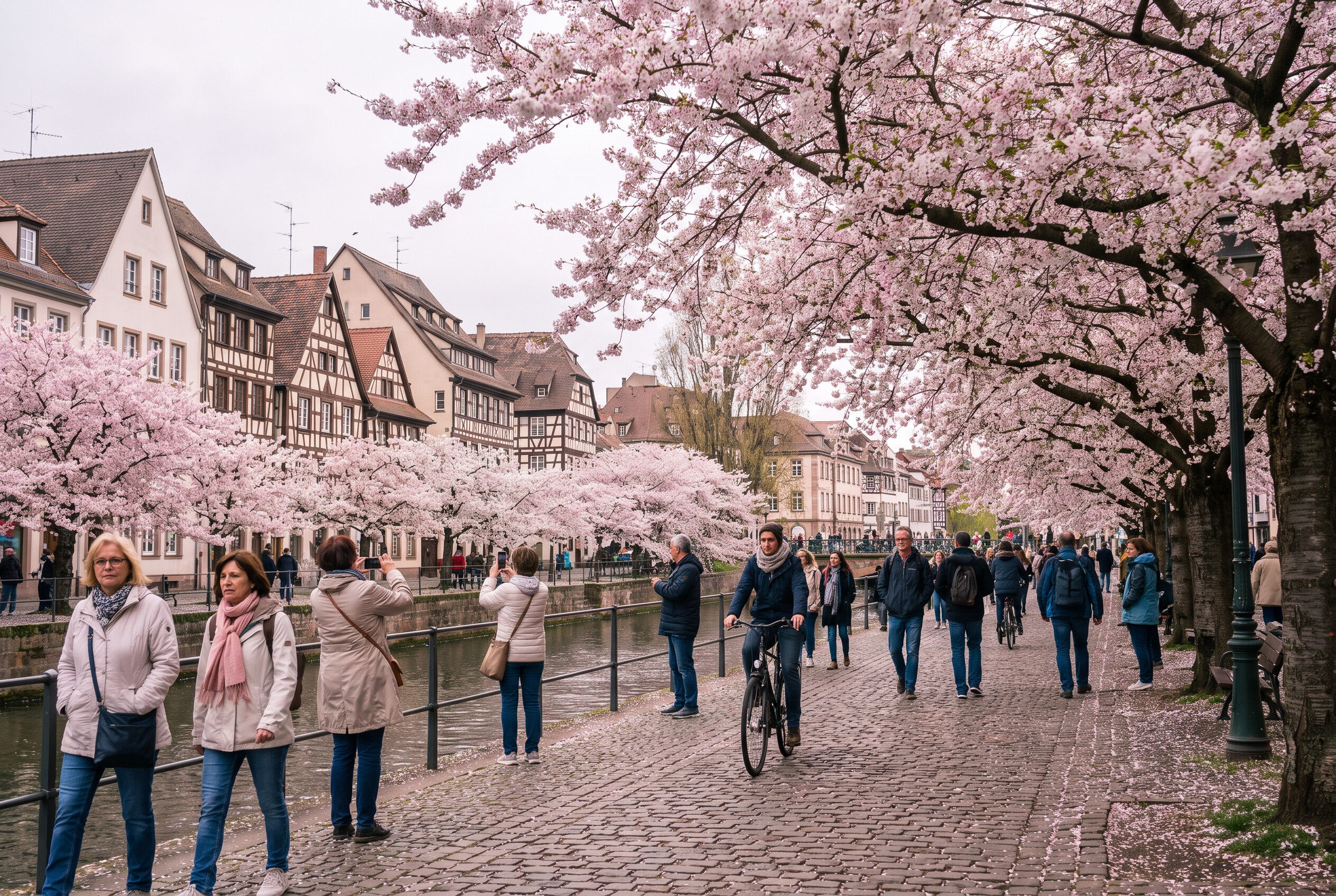 Cherry blossom trees in bloom along a German canal path in April with travelers in light layered jackets
