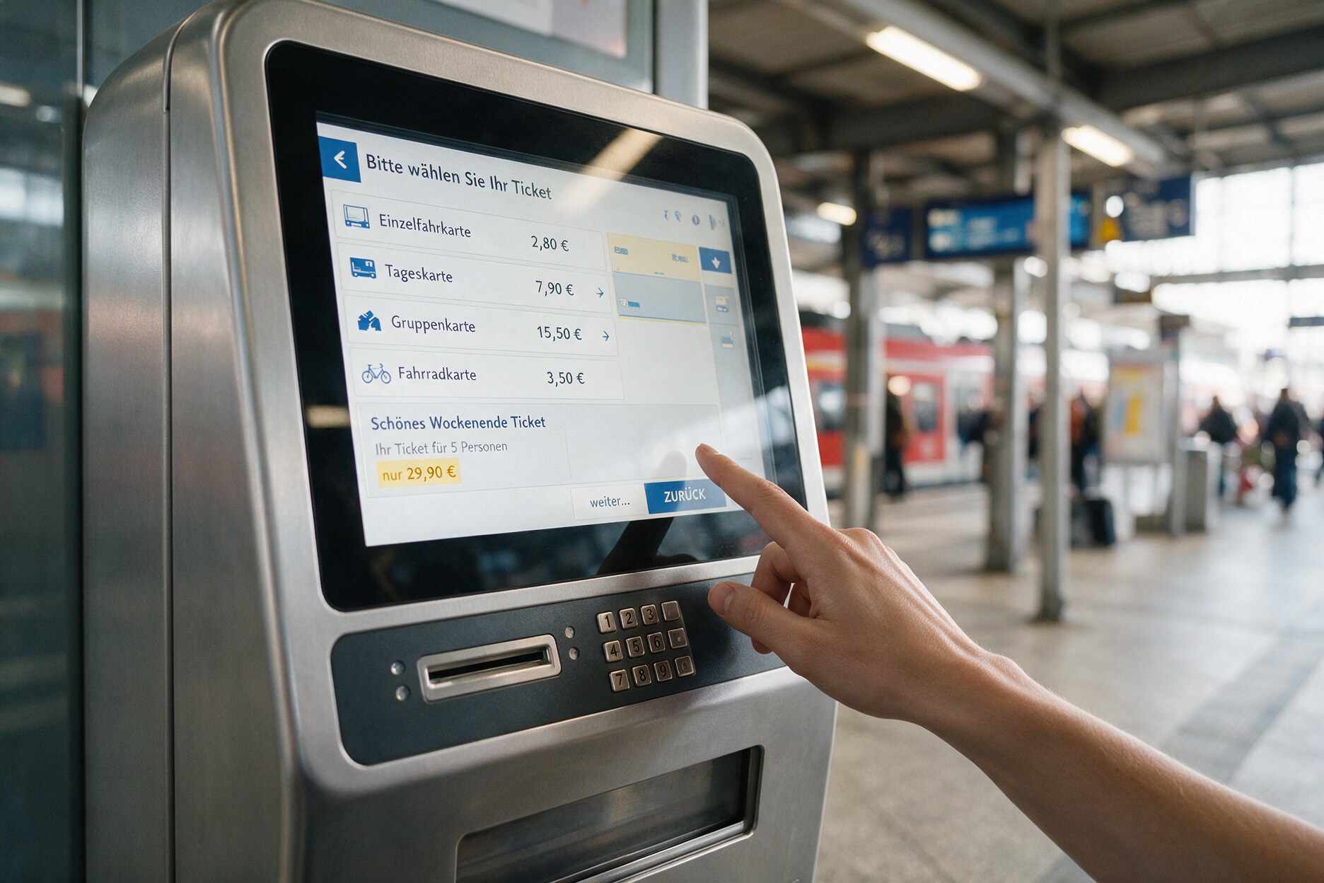 Traveler buying a Deutsche Bahn ticket at a touchscreen vending machine on a German train platform