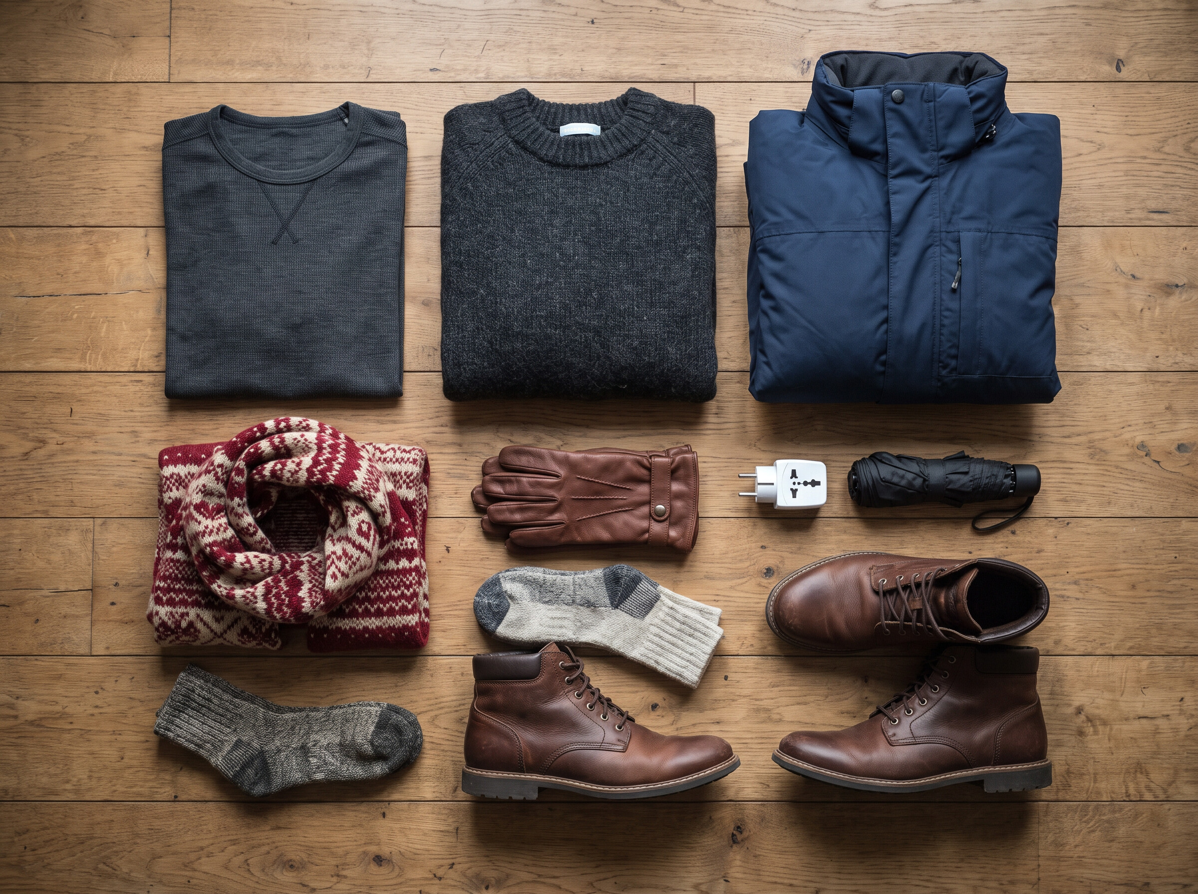 Flat lay of winter Germany packing essentials including thermal layers, wool sweater, waterproof boots, and a European travel adapter