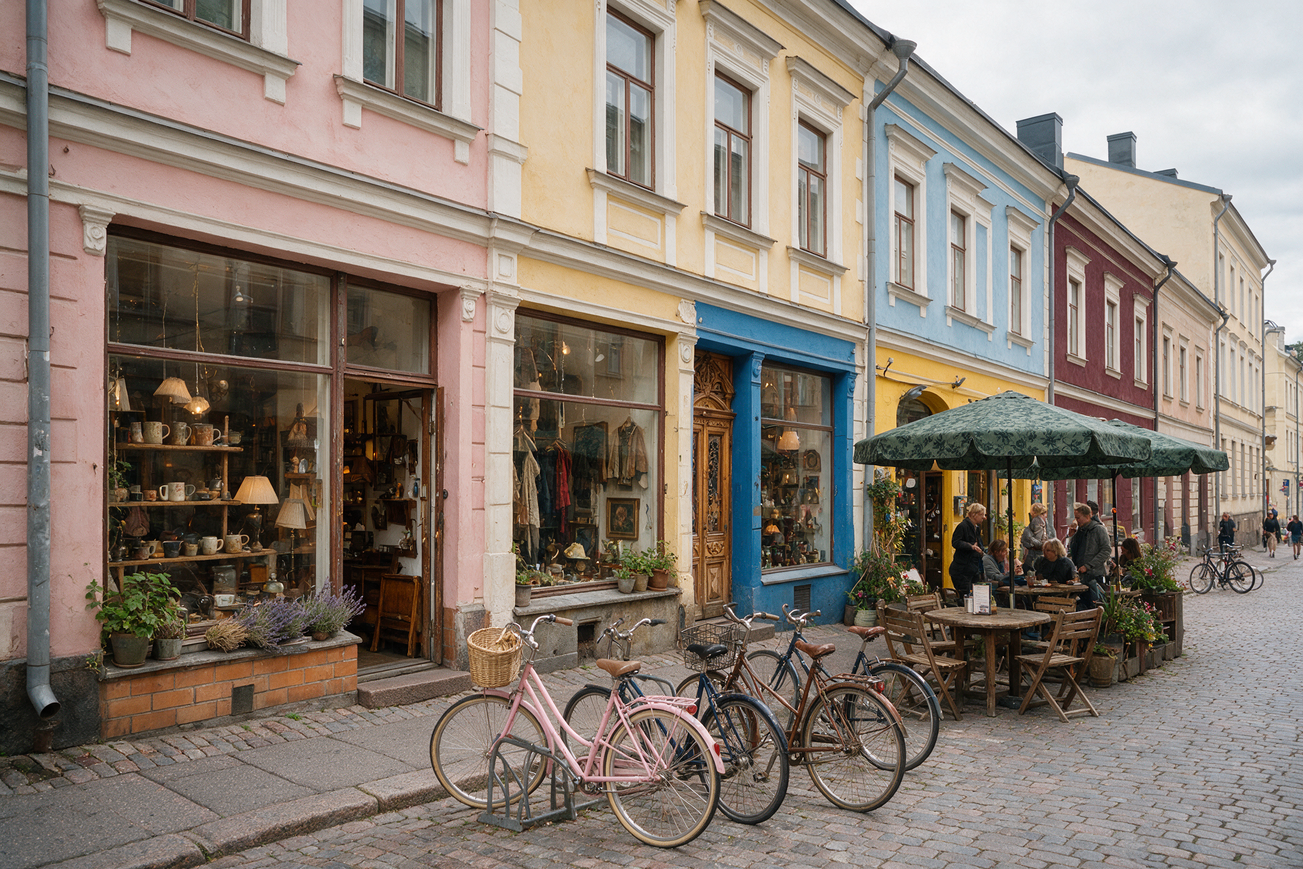 Kallio neighborhood street in Helsinki with vintage shops and a corner bar