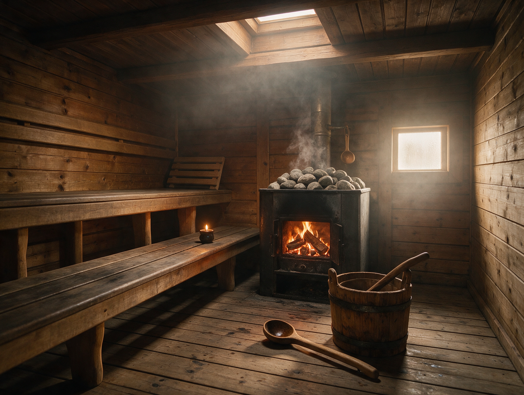 Traditional wood-burning public sauna interior in Helsinki