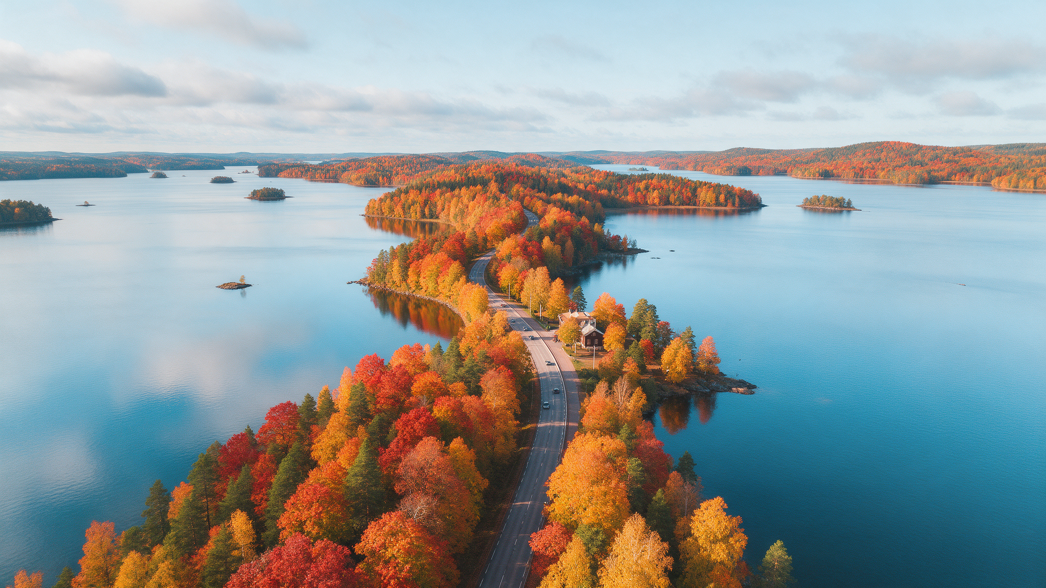 Aerial view of the Punkaharju ridge between lakes in Finnish Lakeland
