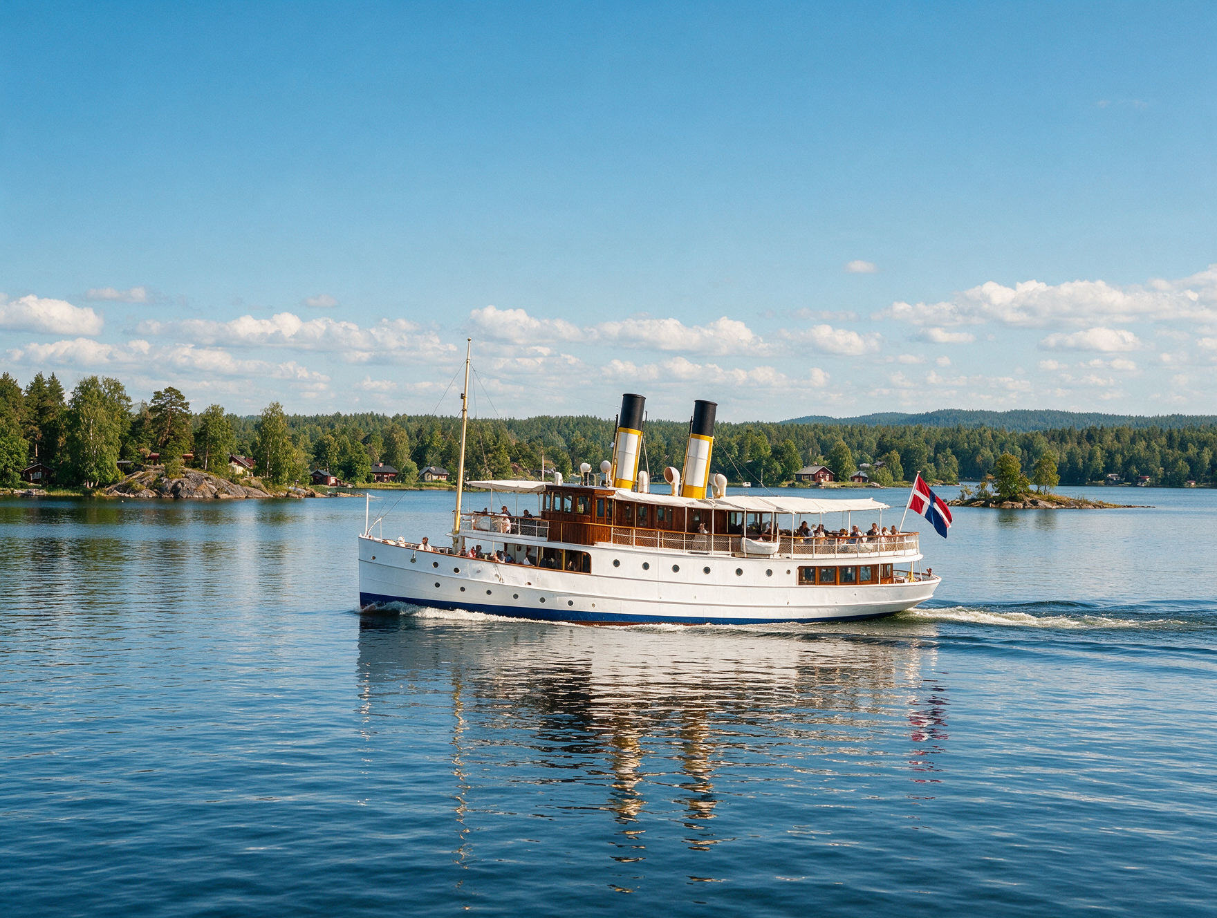 Vintage steamship cruising on a calm lake in Finnish Lakeland