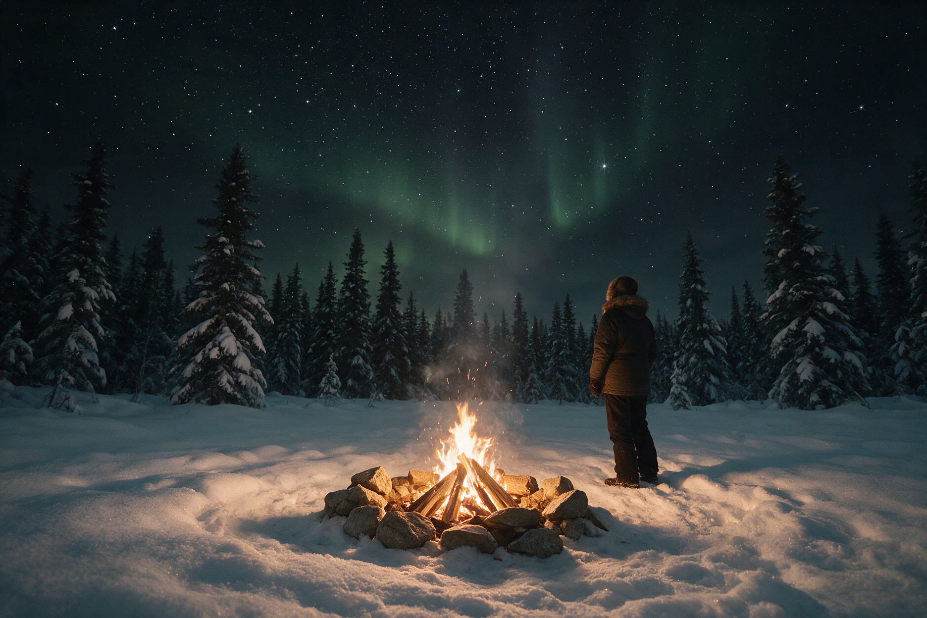 Traveler beside a campfire watching the aurora in Lapland