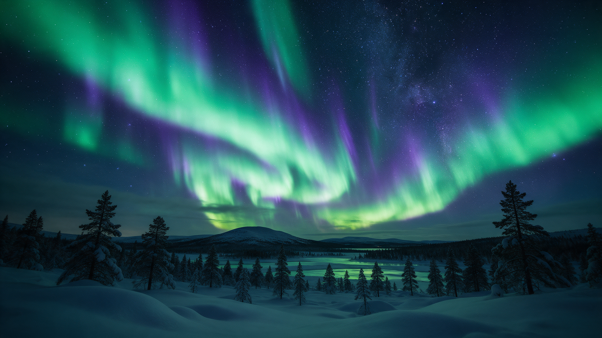 Aurora borealis over the wilderness of Finnish Lapland