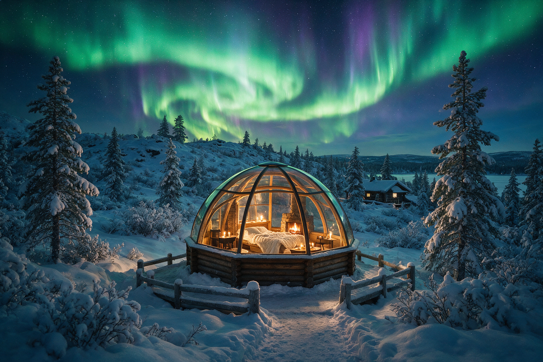 Glass-roofed igloo cabin under the northern lights in Lapland