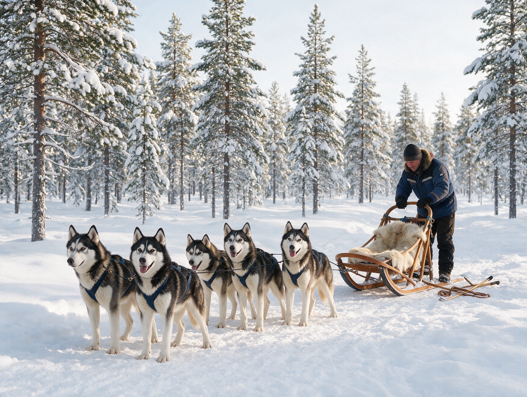 Husky sled dogs harnessed in the snow near Levi