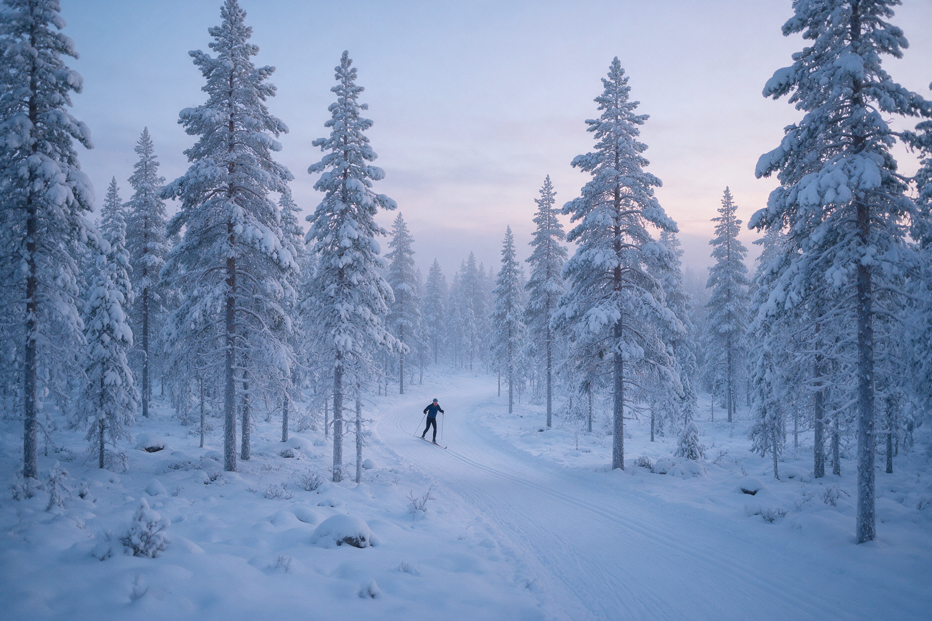 Cross-country skier on a forest trail near Levi at dusk