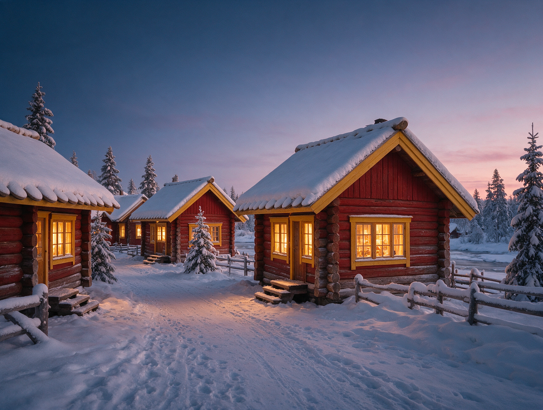 Snow-covered log cabins glowing at dusk in a Lapland village