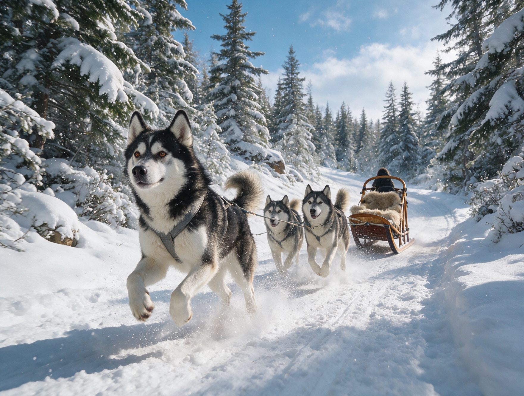 Husky sled team running through a snowy forest trail near Rovaniemi