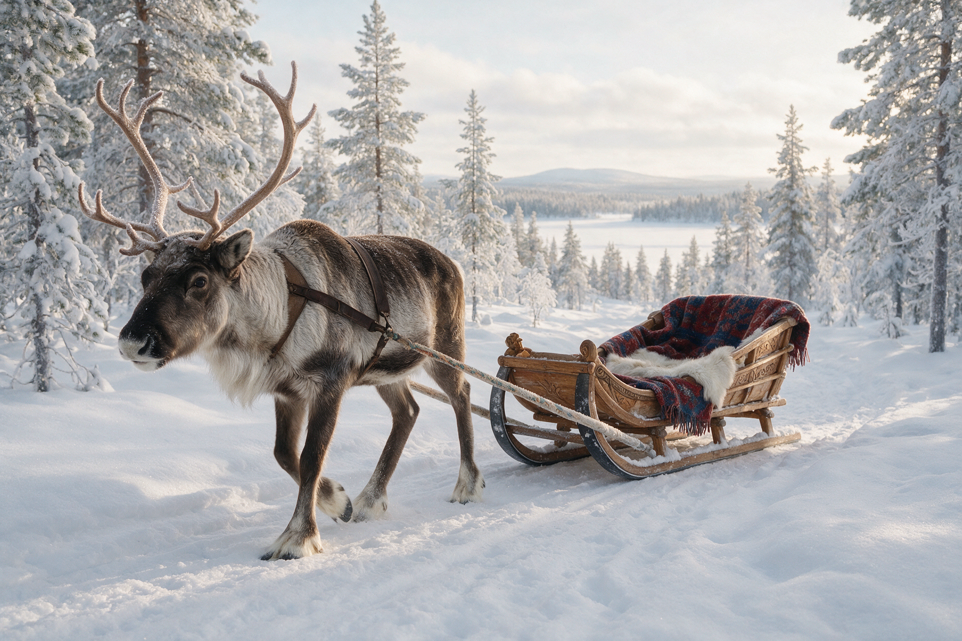 Reindeer pulling a sleigh through a snowy forest near Rovaniemi