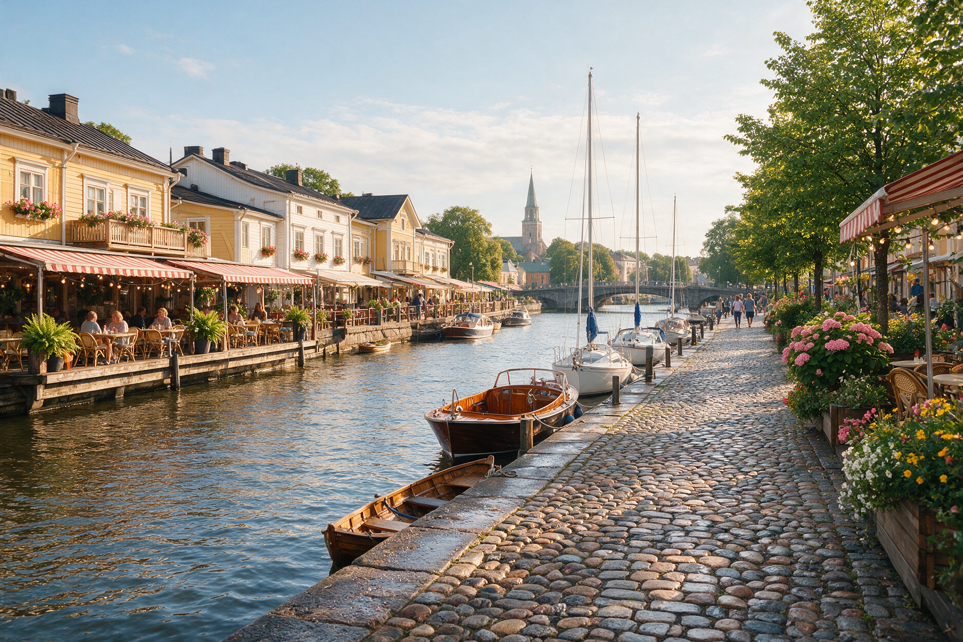 Morning along the Aura River in Turku with riverside cafes