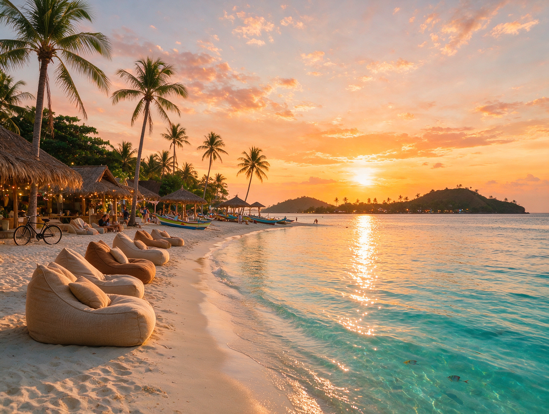 Beanbag chairs facing the sunset on Gili Air beach with island silhouettes