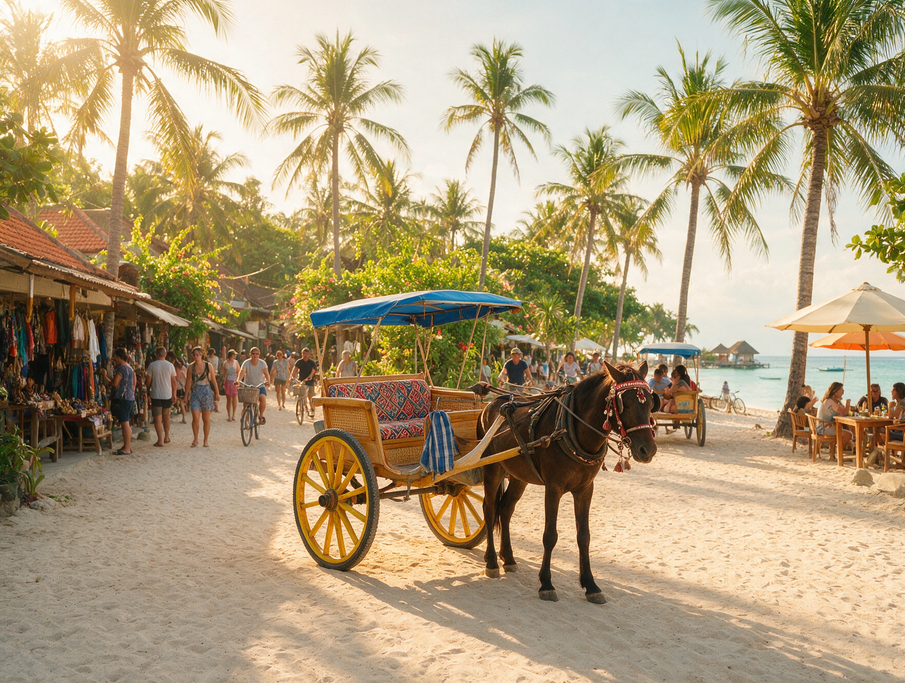 Horse-drawn cidomo cart on a car-free sandy path in the Gili Islands