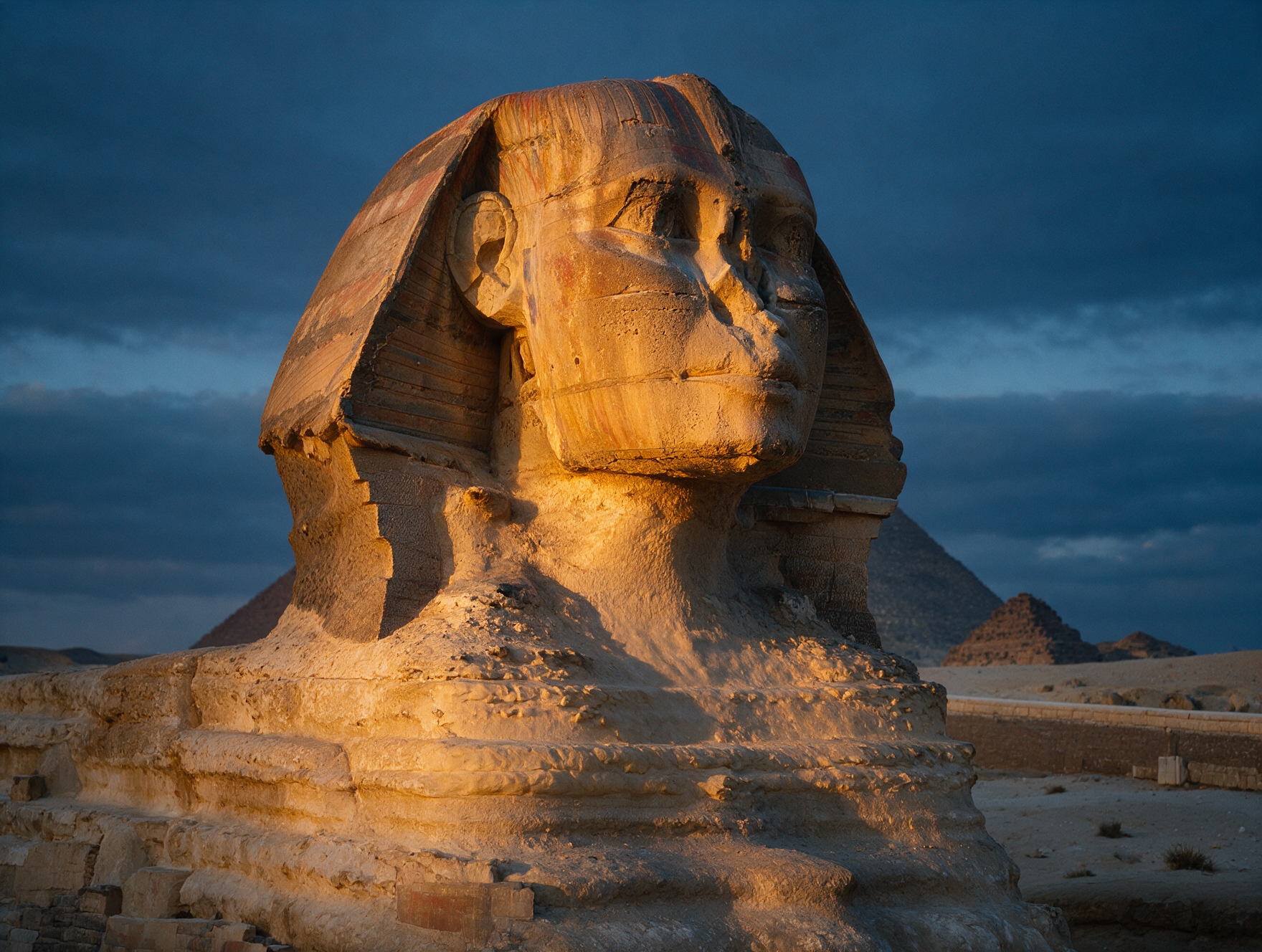 The Great Sphinx of Giza at dusk with warm light on its face