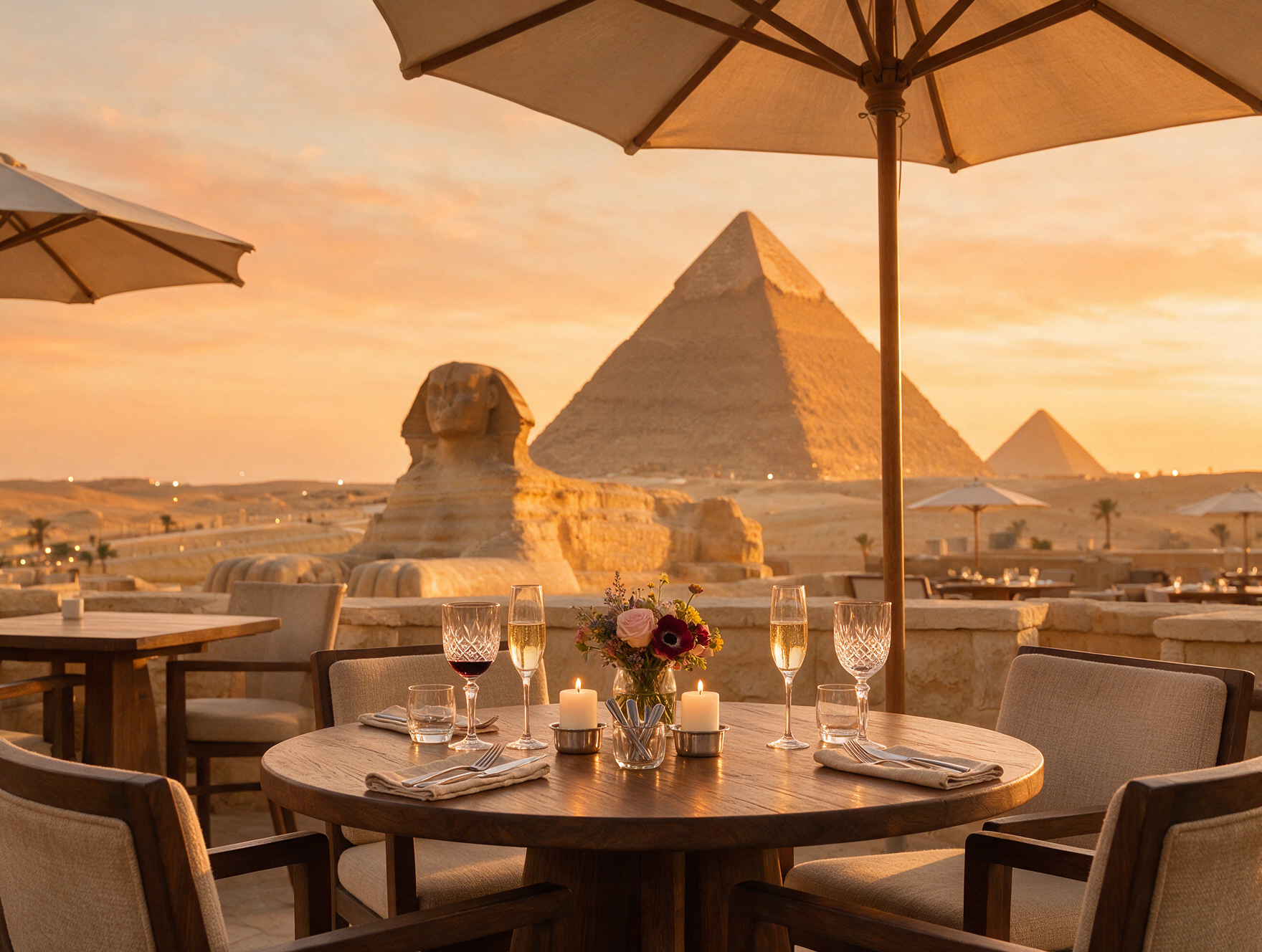 Rooftop dinner table with the pyramids visible in the background