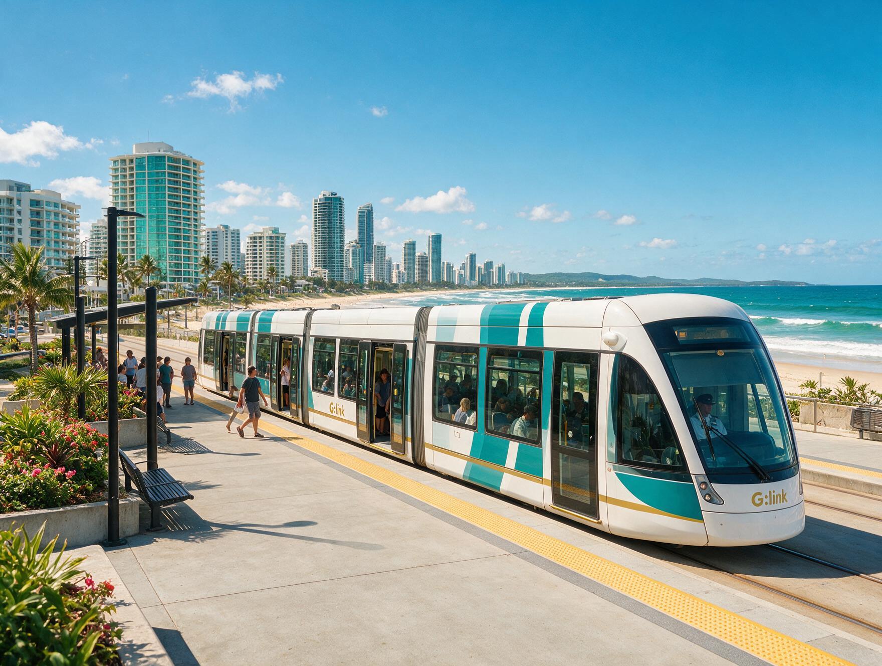 Gold Coast G:link light rail tram at a station near the beach