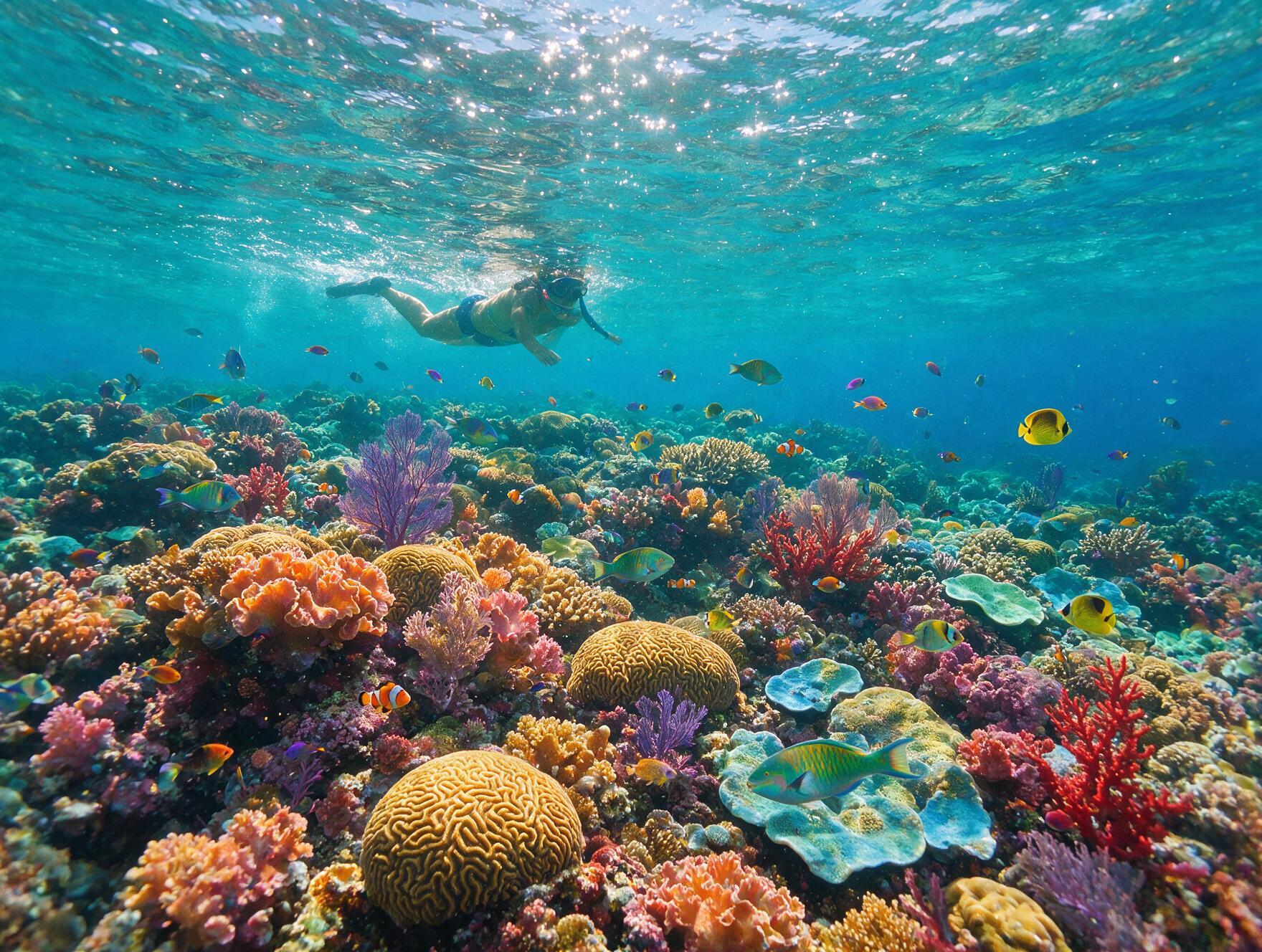 Snorkeler swimming over colorful coral on the outer Great Barrier Reef near Cairns