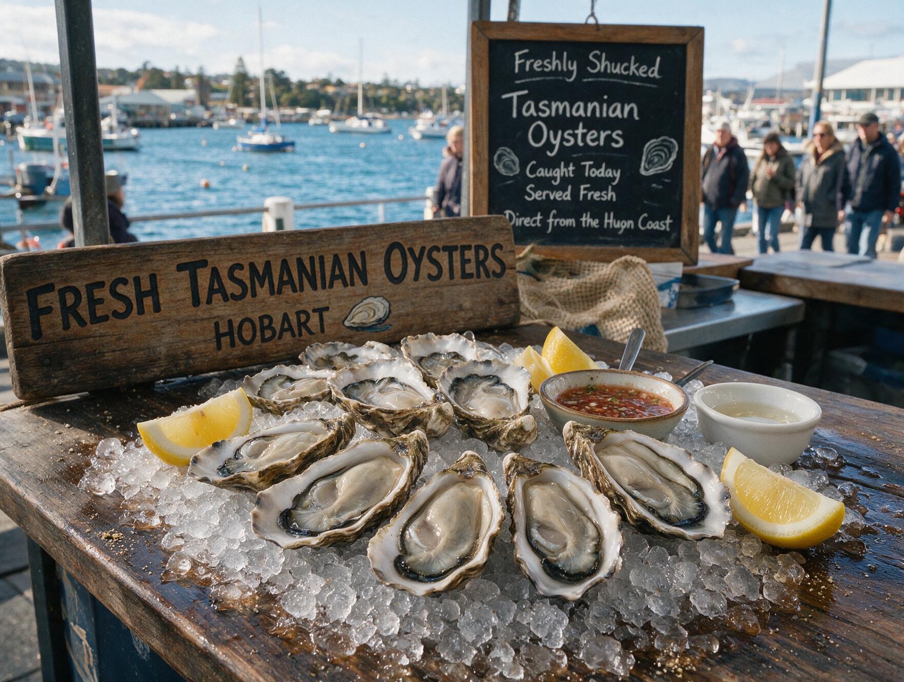 Fresh oysters on ice at a seaside market stall in Hobart Tasmania