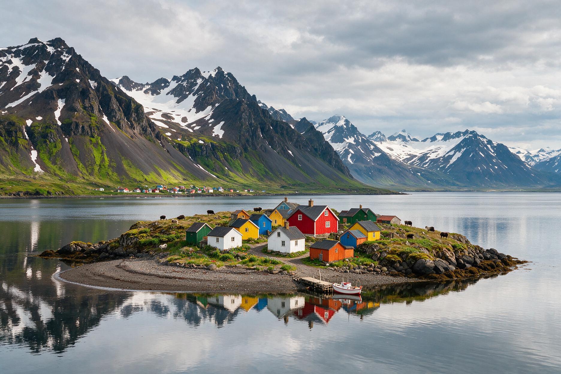Colorful painted houses on Flatey Island in a fjord in Iceland