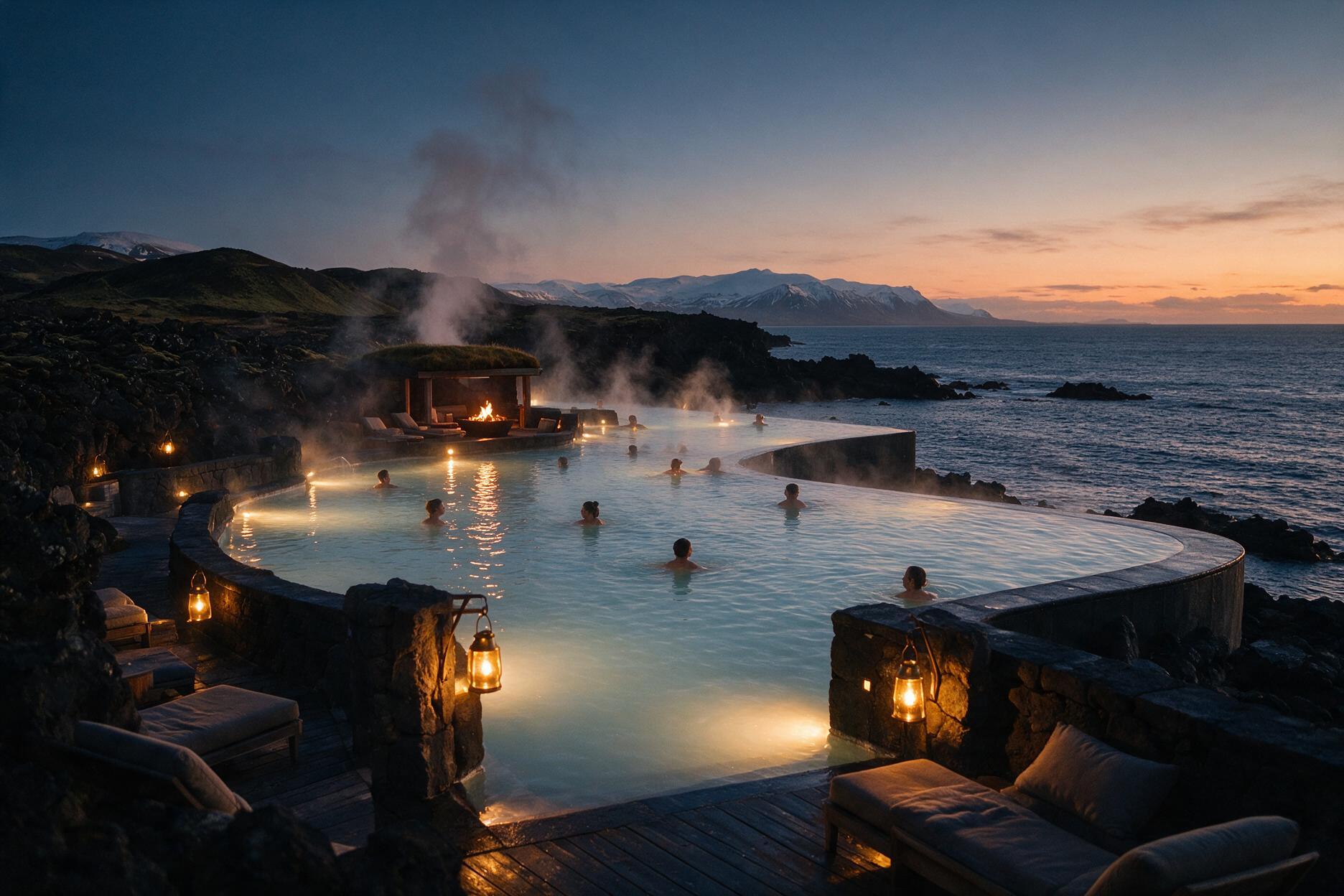 Geothermal infinity-edge lagoon pool at dusk in Iceland