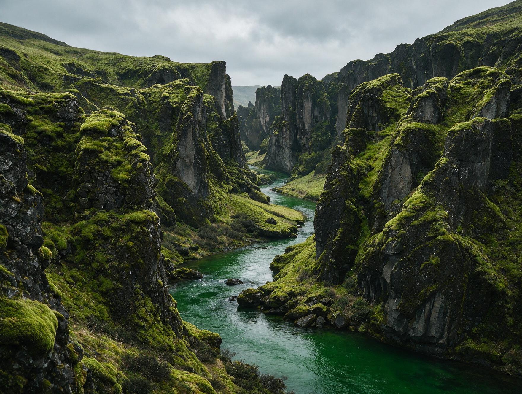 Moss-covered canyon with a winding river in south Iceland
