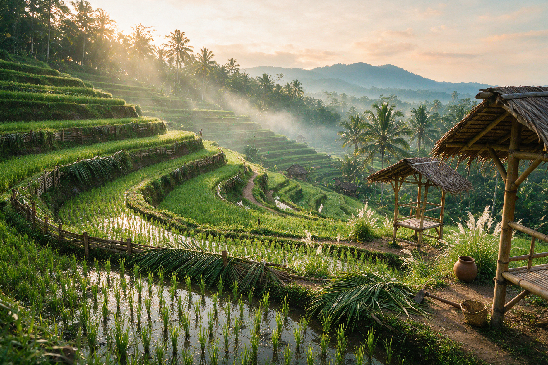Layered green rice paddies at Tegalalang Rice Terrace near Ubud, Bali in early morning light