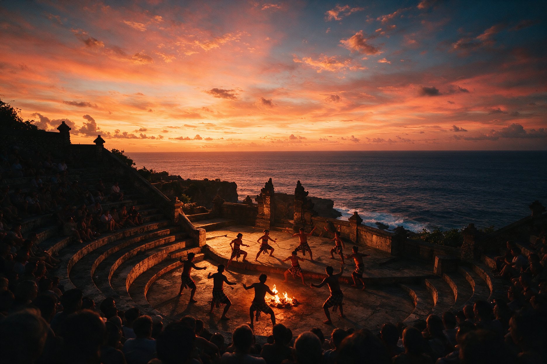 Silhouetted dancers performing the Kecak fire dance at sunset on the clifftop at Uluwatu Temple, Bali