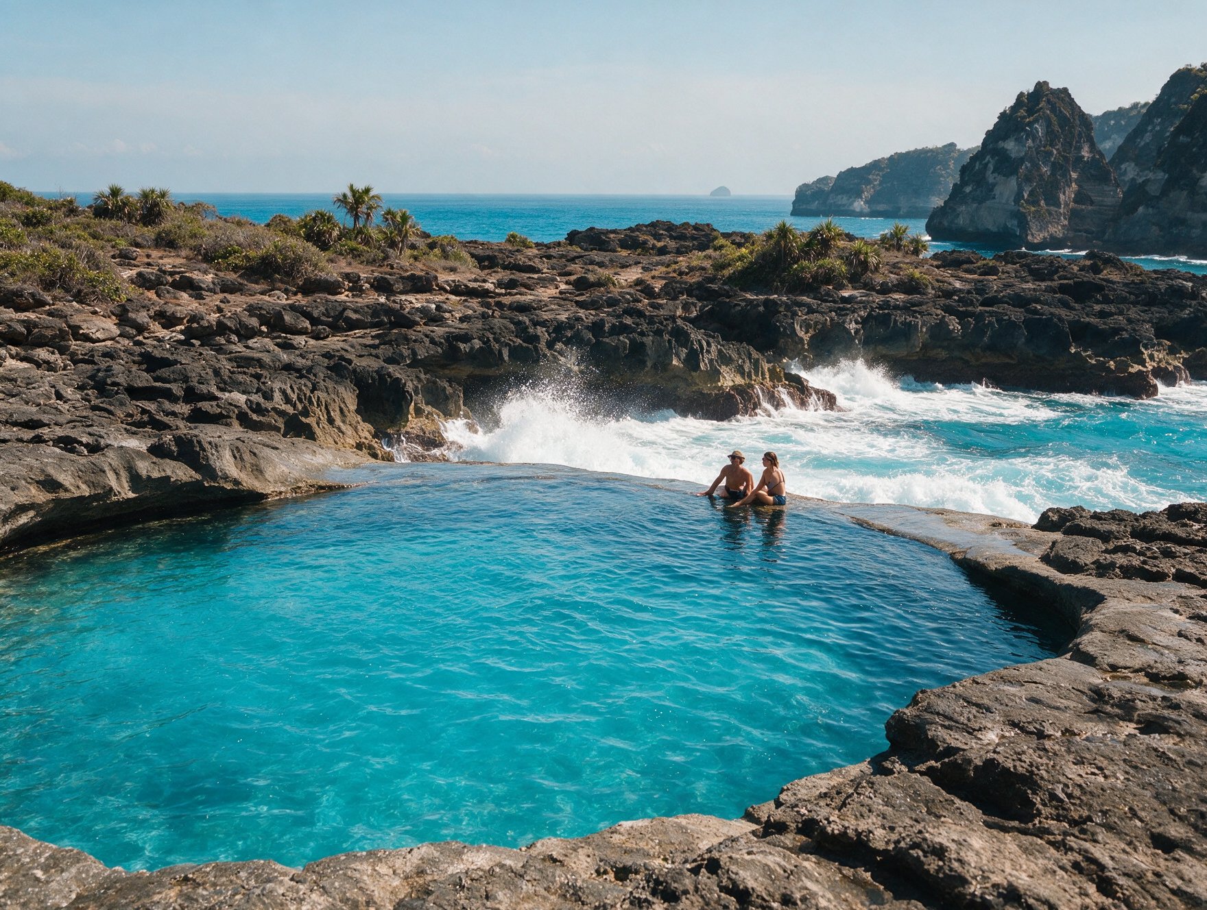 Turquoise natural rock pool at Angel's Billabong on Nusa Penida island with the open ocean beyond