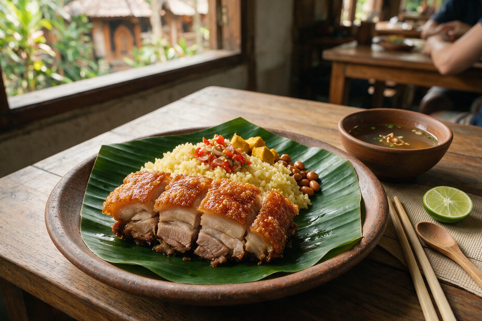 Traditional babi guling plate with crispy pork skin and sambal matah at an Ubud warung