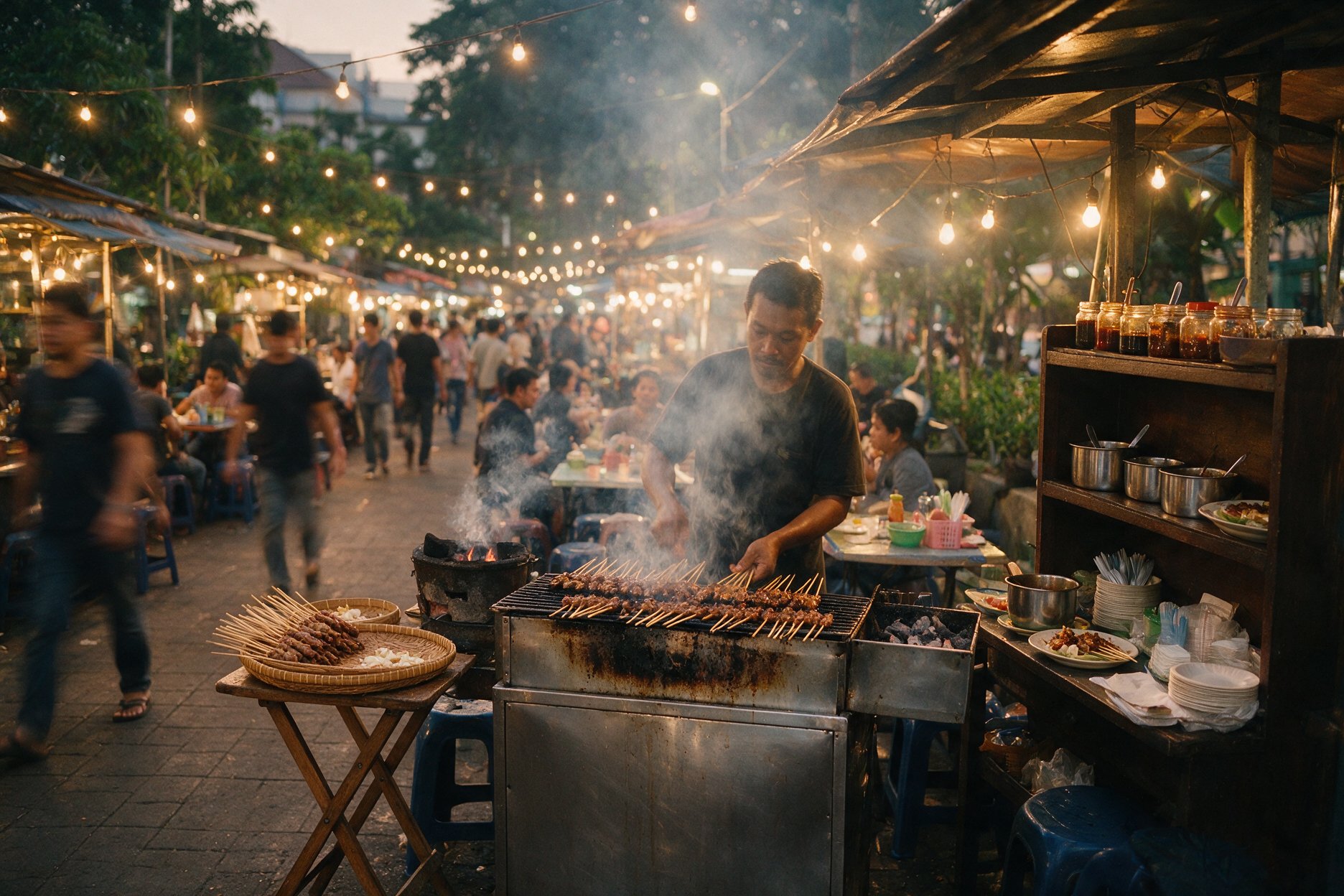 A Jakarta street food vendor grilling satay skewers at a night market stall