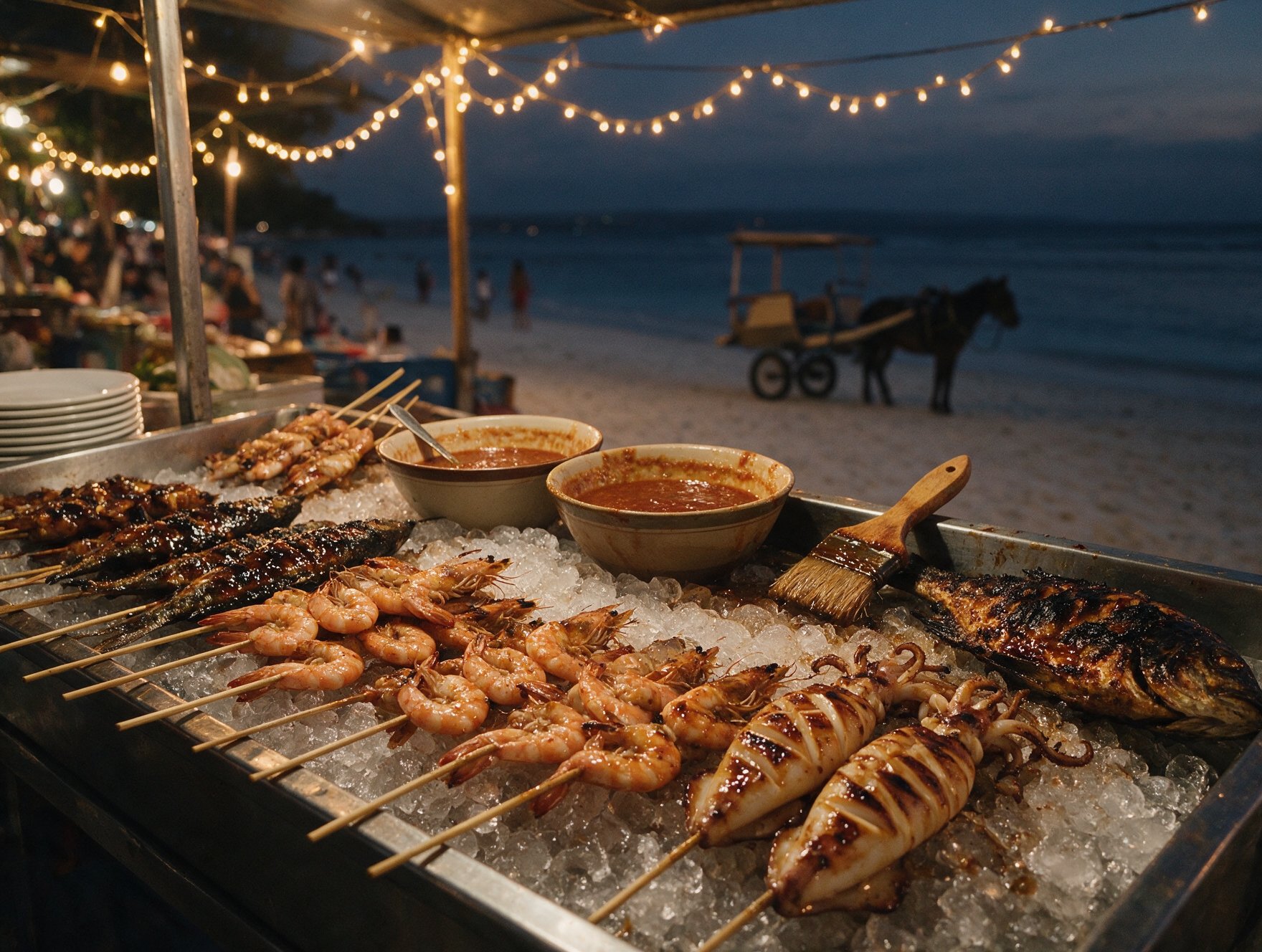 Grilled seafood skewers and whole fish on ice at a Gili Islands beachfront night market