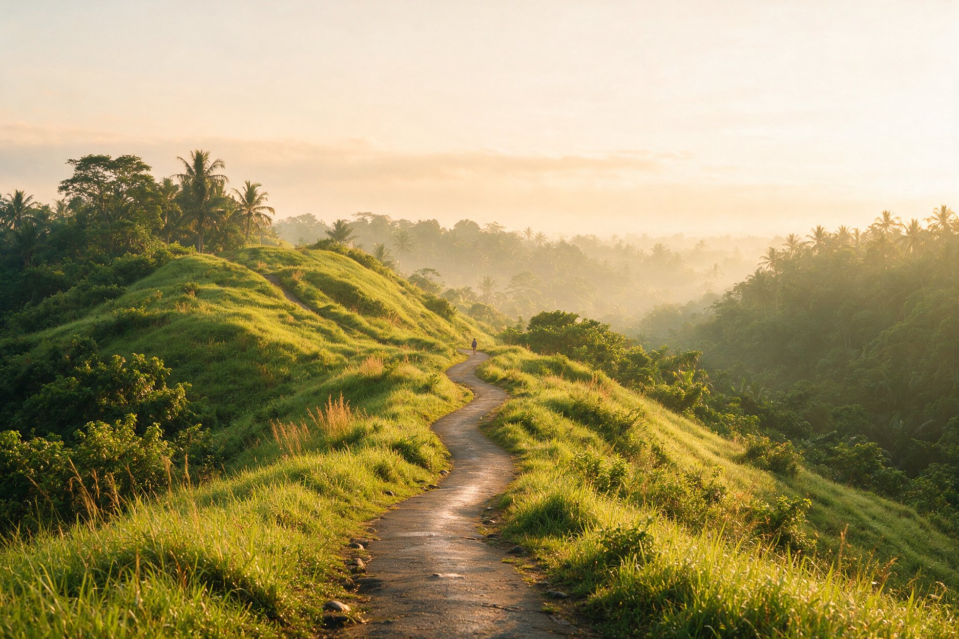 Empty paved trail winding through green hills on the Campuhan Ridge Walk in Ubud, Bali at sunrise