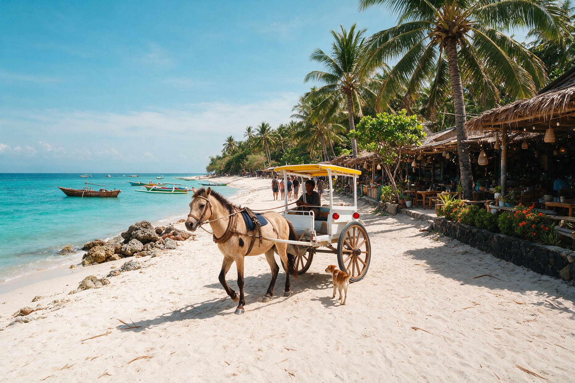 Sandy beachfront path on Gili Trawangan with a horse cart passing, no cars allowed on the island