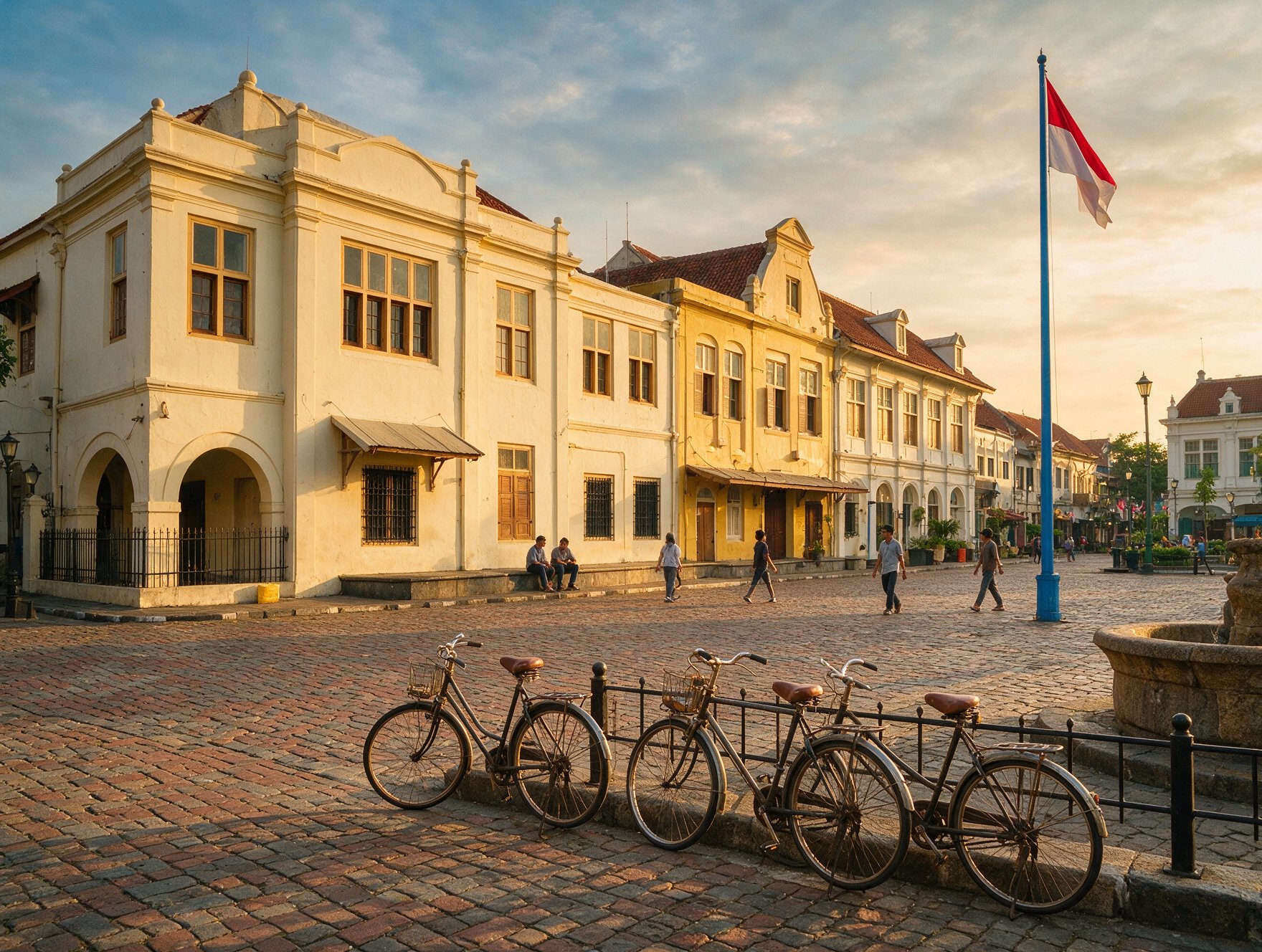Colonial Dutch architecture and cobblestone square at Fatahillah Square in Kota Tua, Jakarta's old town