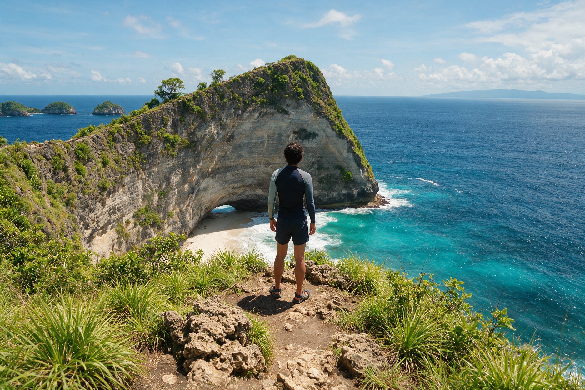 Traveler in a rash guard standing at the Kelingking viewpoint on Nusa Penida, Indonesia