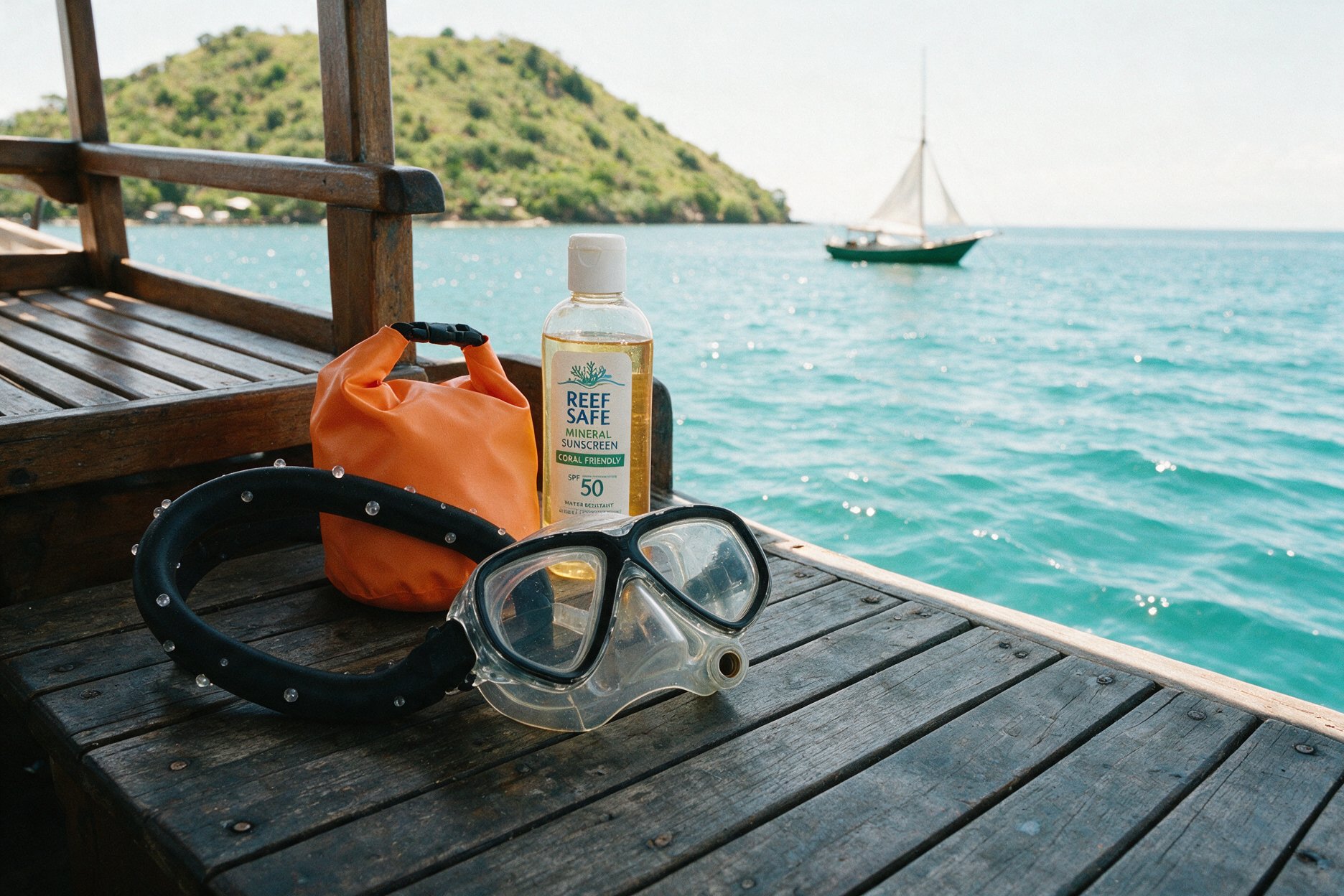 Snorkeling gear and a dry bag on a liveaboard boat deck in Komodo National Park