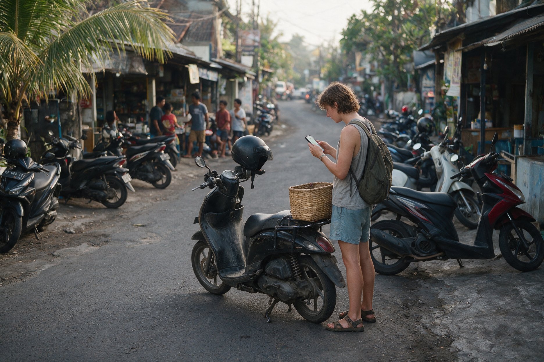 Tourist checking a ride-hailing app on a phone next to a parked scooter on a Bali street