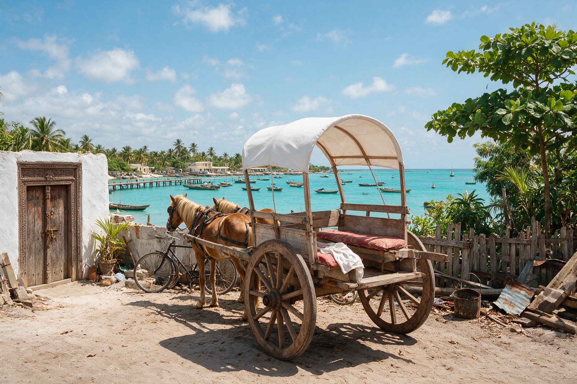 Traditional cidomo horse cart parked near the harbour on a Gili Island
