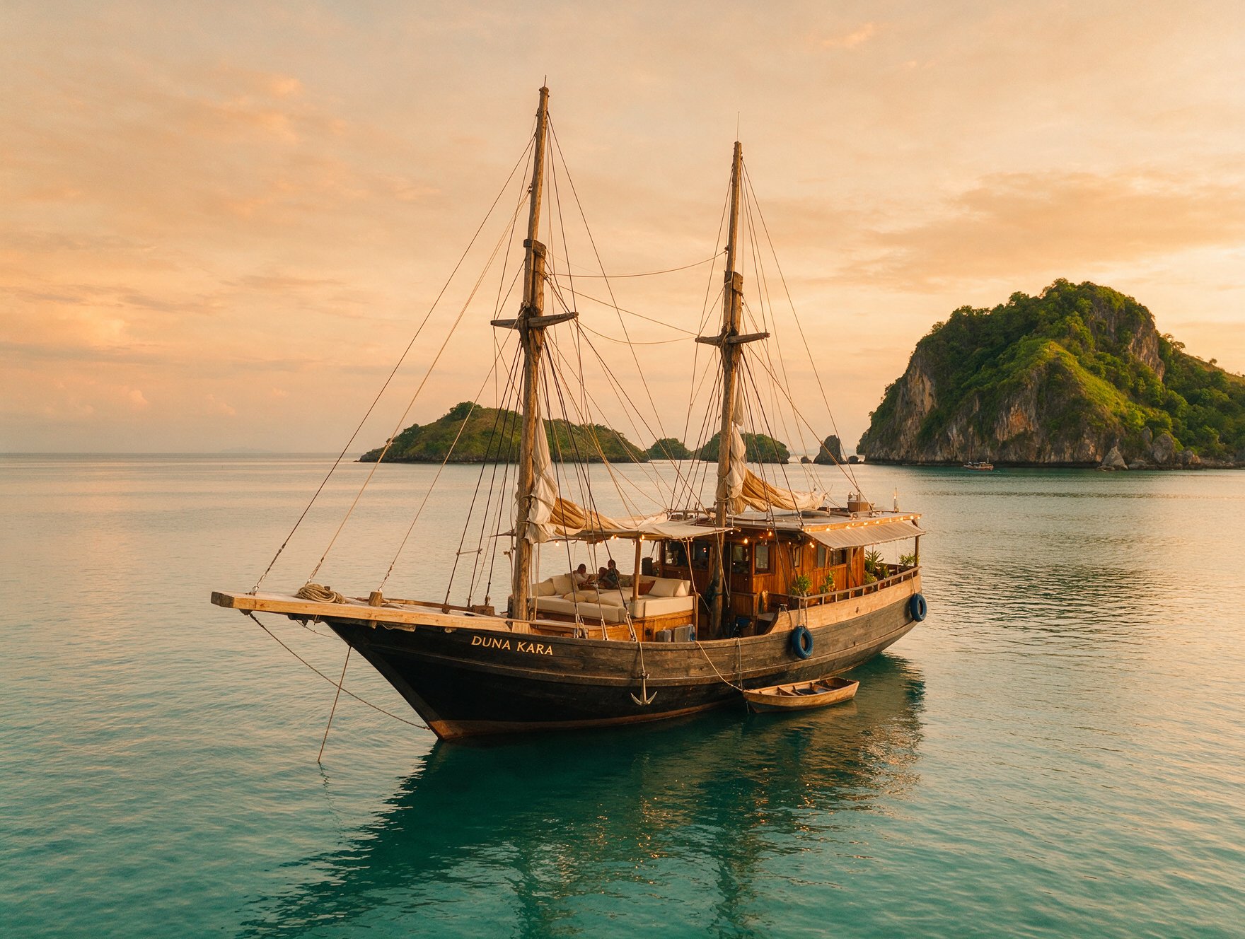 Traditional phinisi liveaboard boat anchored near a hillside island in Komodo National Park at golden hour