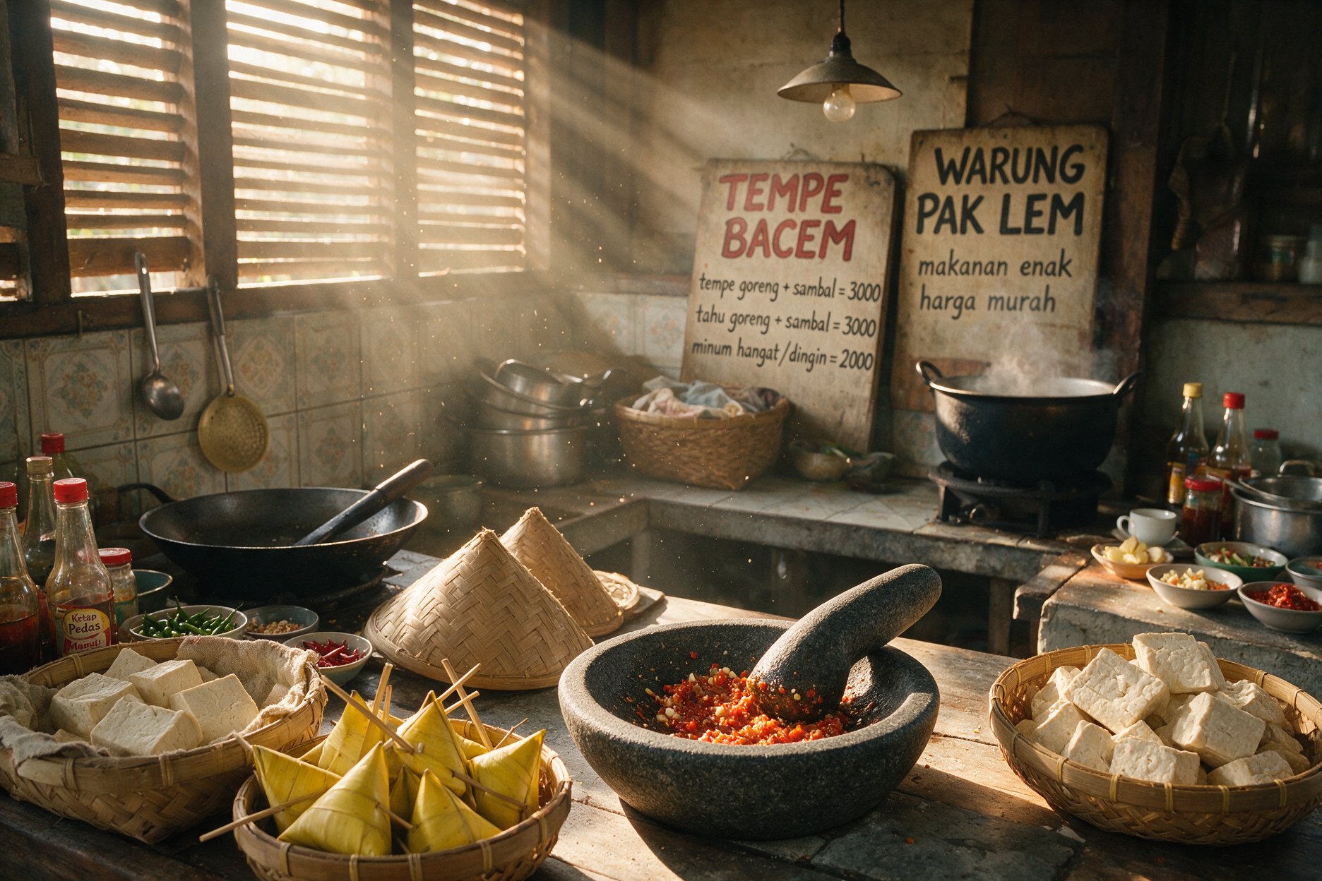 Fresh tempeh and tofu on display at a traditional Indonesian warung counter