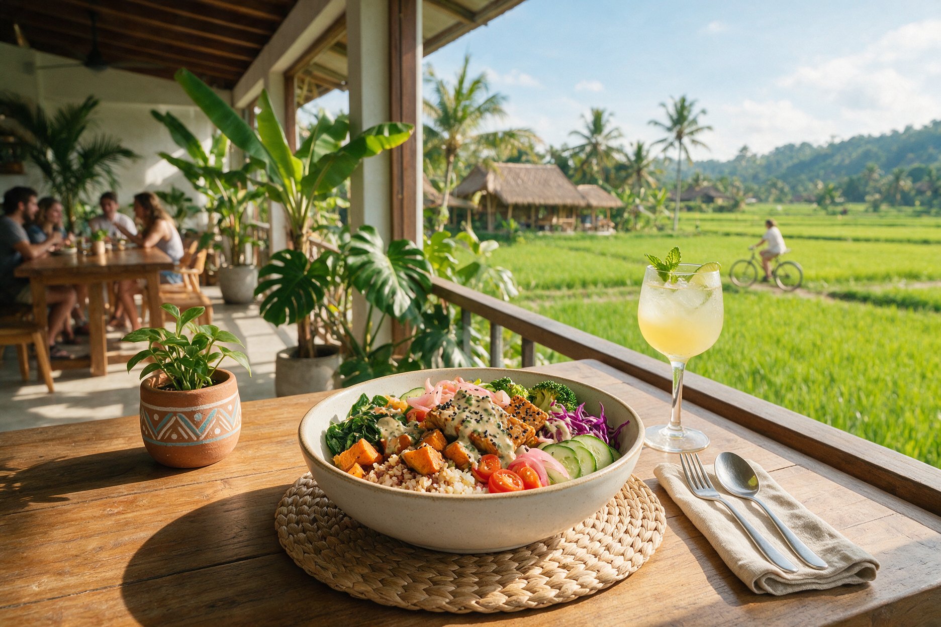 Vegan buddha bowl at an open-air cafe in Canggu with rice paddy views
