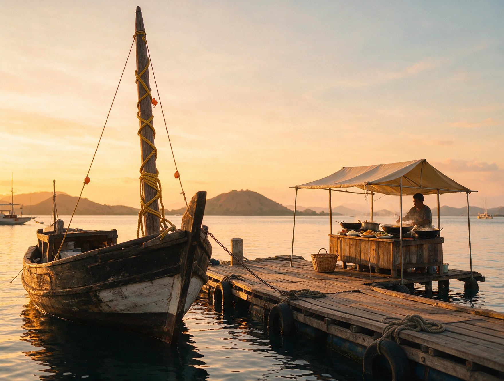 Labuan Bajo harbor at sunset with a warung food stall on the pier and Komodo hills in the background